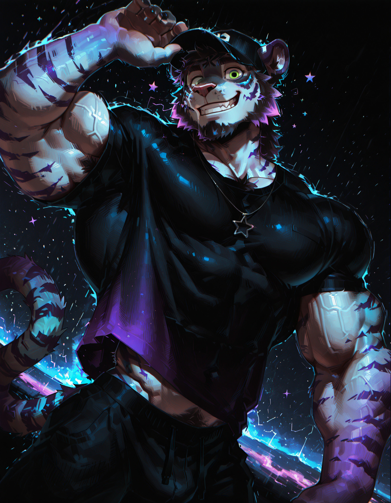 by kihu, masterpiece, best quality, amazing quality, very aesthetic, absurdres, newest, tr1p, expressive, 1boy, solo, anthro, male, mature, bara, (artistic), (chromatic aberration:1.5), (texture:1.5), depth of field, (motion blur), (particles), dutch angle, dynamic, color splash, stars, nebula, glow, outline,
tiger, black beard, (beard:1.4), bald, green eyes, tail, smiling facial expression with star, looking at viewer, (extremely muscular male:1.3), (extremely defined muscles:1.6), (masculine face:1.3),
x baseball cap, tag necklace, lifts shirt,
(colorful gradient tiger stripes:1.5), dark background, lowkey, faded, 2D,  color silhouette, 
<lora:Trap_the_scrap:1>