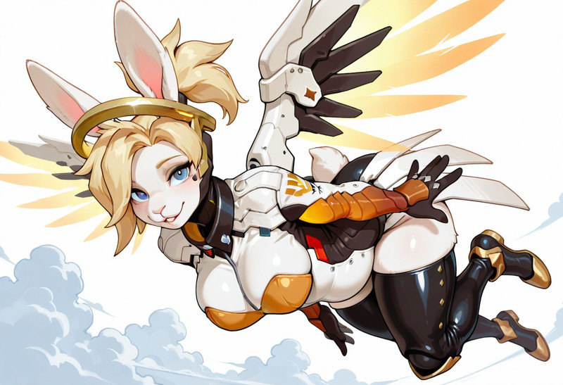 masterpiece, best quality, amazing quality,Mercy,blonde hair,blue eyes,mechanical wings,mechanical halo,high p