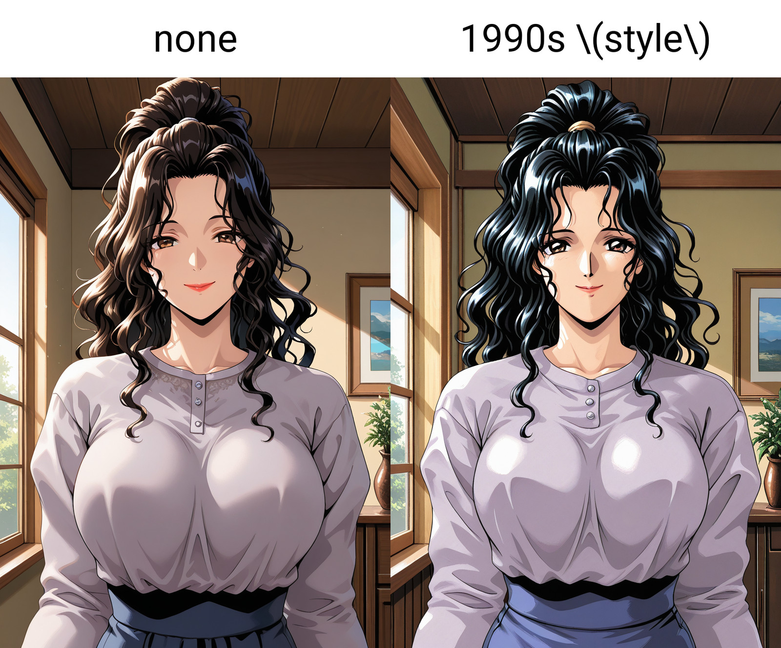 masterpiece, best quality, amazing quality, absurdres, 1girl, solo, (portrait:1.2), none, yoshieww, mature female, brown eyes, black hair, long hair, wavy hair, high ponytail, sidelocks, lipstick, large breasts, grey shirt, long sleeves, high-waist skirt, looking at viewer, smile, indoors, day, straight-on, depth of field, sharp, high contrast, dynamic light <lora:Mashou_no_Kao_Characters_lora_ill_v10:0.8>
