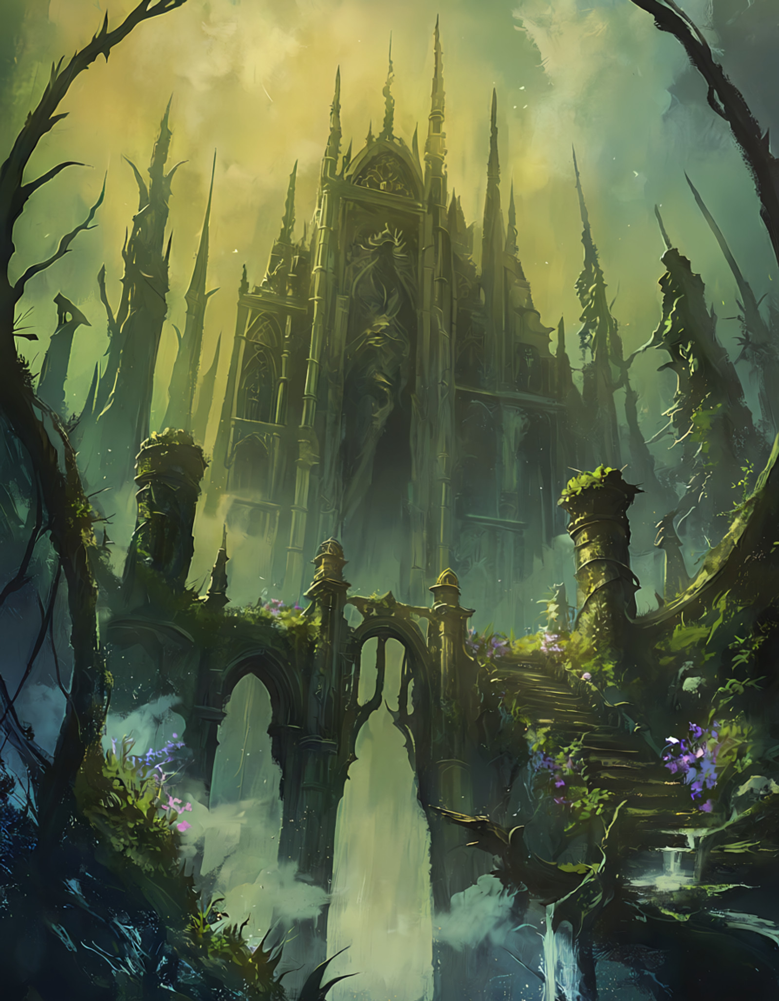 @darkfantasy, masterpiece, best quality, score_9, score_8, score_7,
epic scenery, no humans, ancient ruins, giant statue, overgrown, jungle, vines, moss, temple, stone pillars, waterfall, sunlight, dappled sunlight, fog, mist, clouds, wide shot, panoramic, detailed background, highres, best quality, masterpiece, safe, fantasy, adventure, green theme, brown theme, cinematic lighting, atmospheric perspective, depth of field, outdoors, nature, ruins, ancient civilization, stairs, broken bridge, light rays, forest, river, flowers, mysterious, majestic, dramatic, grand scale, beautiful scenery, scenic, sacred, quiet, composition, old stone