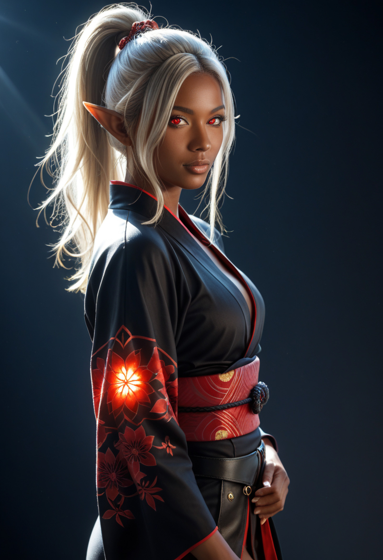 score_9, score_8_up, score_7_up, masterpiece, best quality, ultra detailed, (1girl:1.3), solo, dark elf, (dark-skinned female:1.3), (dark skin:1.2), brown skin, beautiful detailed face, platinum blonde hair, long hair, high ponytail, hair bangs, (pointy ears:1.2), elf ears, (glowing red eyes:1.2), (red eyes:1.3), luminous eyes, intricate eyes, looking at viewer, confident expression, standing pose, three-quarter view, (modified kimono:1.2), Japanese attire fusion, black glossy kimono, (leather-like fabric:1.1), revealing outfit, chest wrappings, wide obi belt, long sleeves, red accents, dark gradient background, dramatic lighting, rim lighting, strong highlights, cinematic lighting, atmospheric, dark fantasy aesthetic, vibrant colors, photorealistic, extremely detailed CG, centered composition