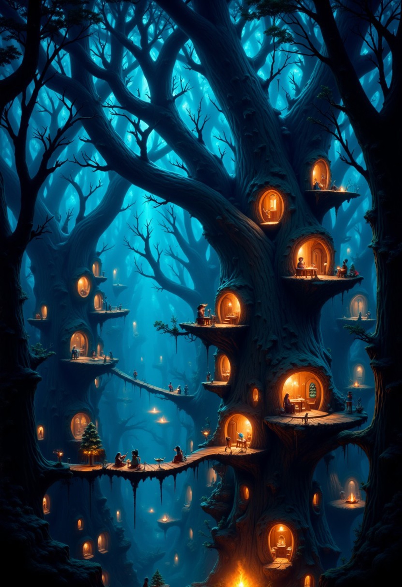 Imagine a village built high in the canopy of massive, ancient trees that glow with bioluminescent patterns. Wooden rope bridges connect cozy, spherical homes carved into the trunks, each window spilling warm light into the starry night. The villagers, a mix of humans and elf-like creatures, sit around small floating fire pits, sharing stories as colorful moths flutter between the trees. The entire village seems to hum softly, alive with the magic of the forest.