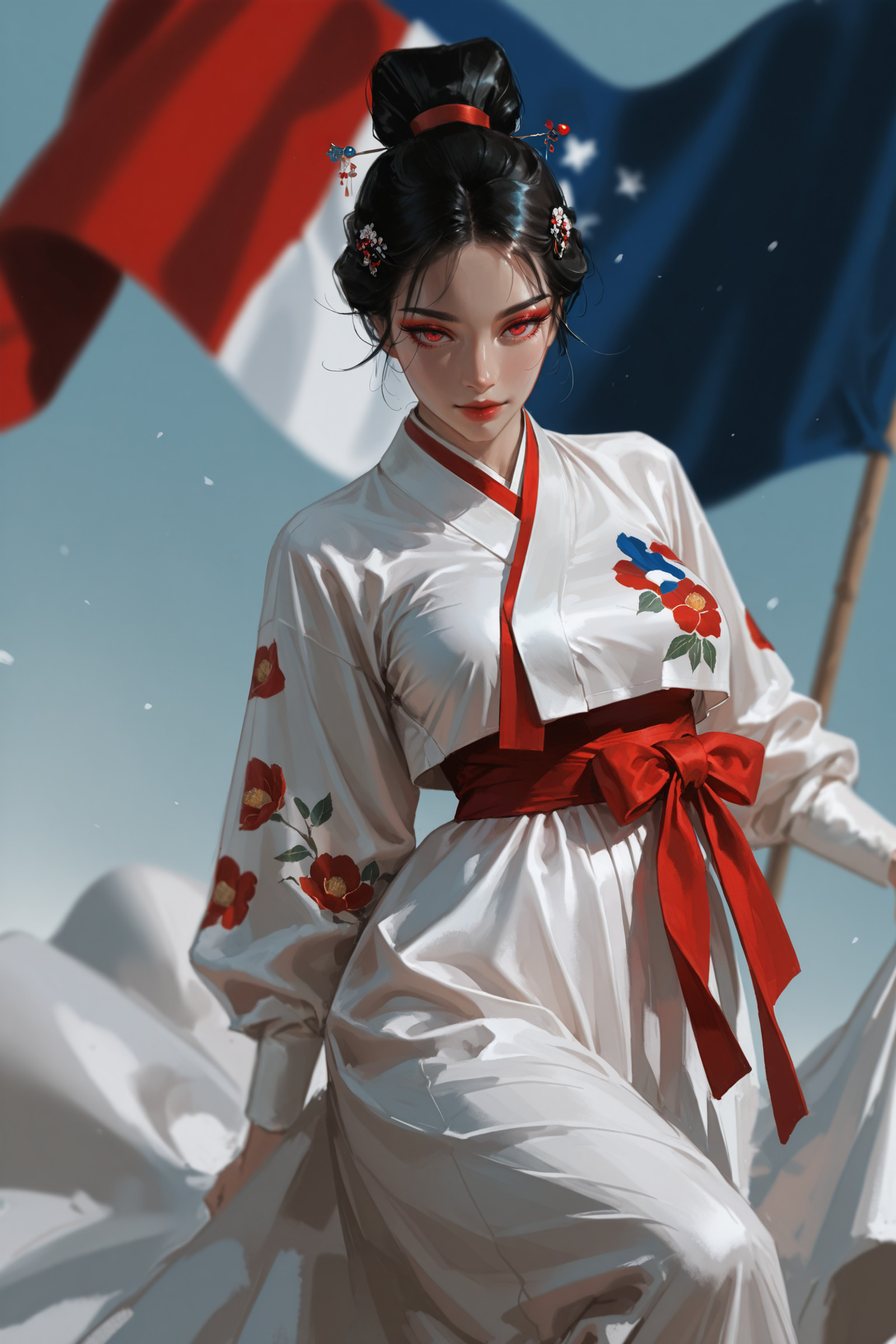 sexy female personification of Korea, white and red hanbok inspired by national flag colors, elegant black hair styled in a traditional updo, soft porcelain skin, delicate floral hairpins in blue and red, captivating almond-shaped eyes with subtle makeup, graceful and alluring pose, minimalist background with traditional Korean patterns, confident and seductive expression
 masterwork, masterpiece, best quality, detailed, depth of field, , high detail, best quality, very aesthetic, 8k, dynamic pose, depth of field, dynamic angle, adult, aged up