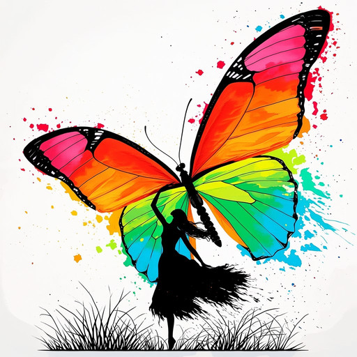 digital art, watercolor style, silhouette of a woman with flowing dress holding a large colorful butterfly, vibrant rainbow colors on the butterfly wings, abstract splashes of red, blue, orange, yellow in background, white backdrop, black line details for silhouette and butterfly outline, dynamic pose, woman's hair blowing back, grass at bottom edge, high contrast, bright colors, modern art style, expressive, whimsical, fantasy theme, minimalistic yet vivid, artistic splash effect, sense of movement