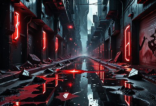 Cyberpunk street alley, cyberpunk rogue with neon red accents, ground cracked with erupting black obsidian geodes, sharp crystal shards sticking out of the asphalt, reflective puddles, dark ambient, volumetric red fog, high contrast, cinematic lighting, sharp details, sci-fi aesthetic