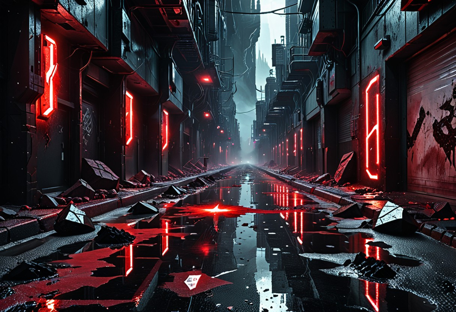 Cyberpunk street alley, cyberpunk rogue with neon red accents, ground cracked with erupting black obsidian geodes, sharp crystal shards sticking out of the asphalt, reflective puddles, dark ambient, volumetric red fog, high contrast, cinematic lighting, sharp details, sci-fi aesthetic