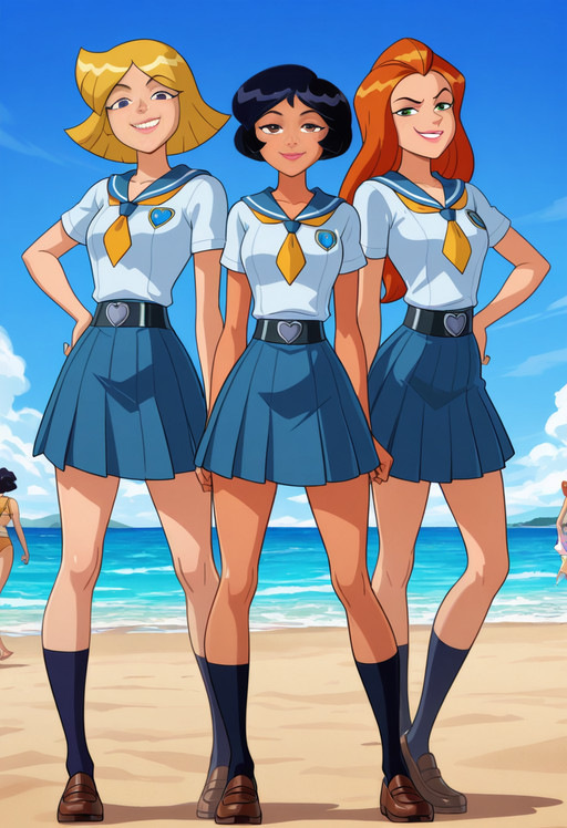 <lora:Totally_Spies_all_3_ILLU:0.75> totally spies, all3, 3girls, full body, beach scene, outdoors, looking at viewer, masterpiece, best quality, amazing quality, narrow waist, looking at viewer, smug expression, blue sky, trio, school girl uniform, safe_pos