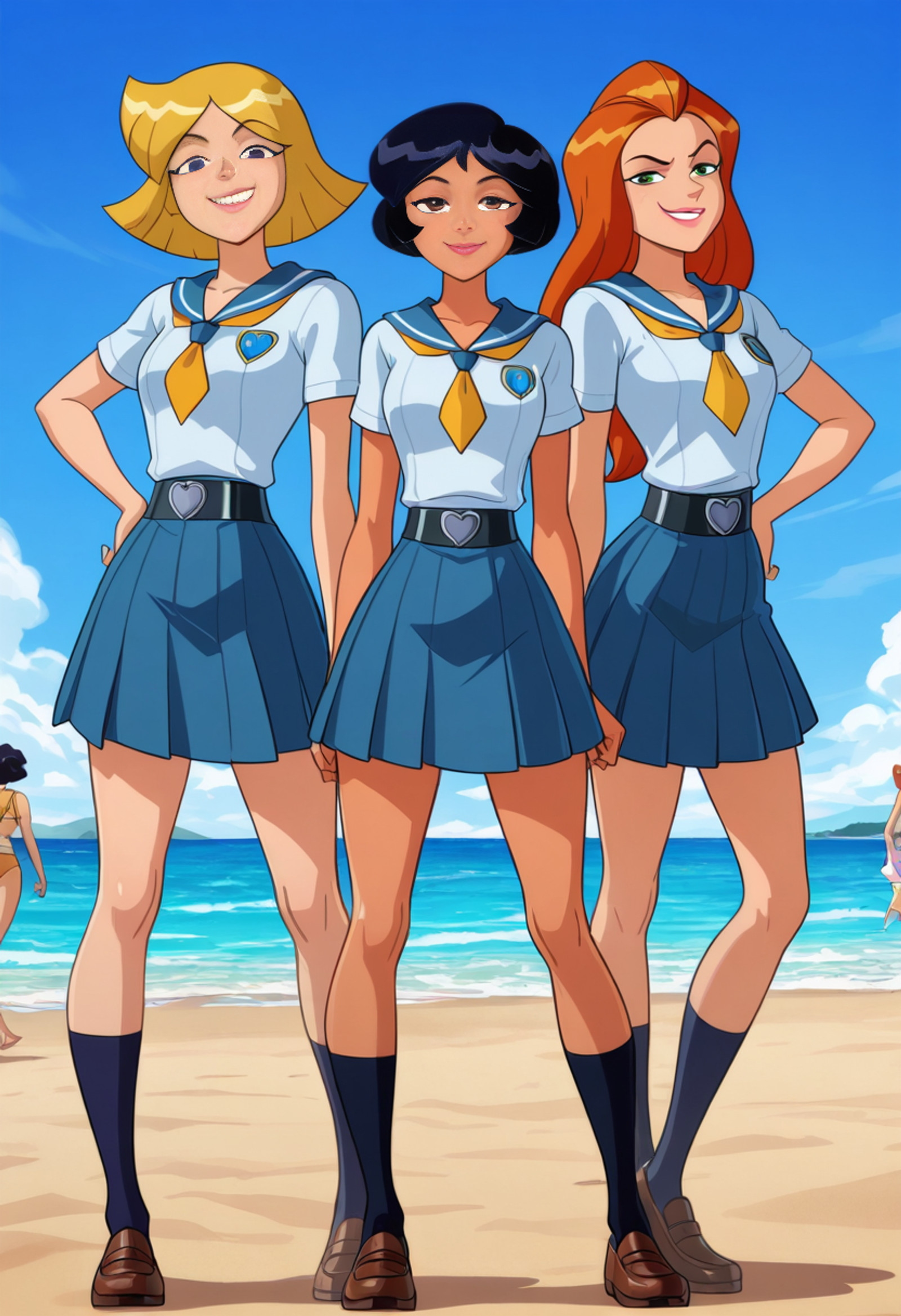 <lora:Totally_Spies_all_3_ILLU:0.75> totally spies, all3, 3girls, full body, beach scene, outdoors, looking at viewer, masterpiece, best quality, amazing quality, narrow waist, looking at viewer, smug expression, blue sky, trio, school girl uniform, safe_pos