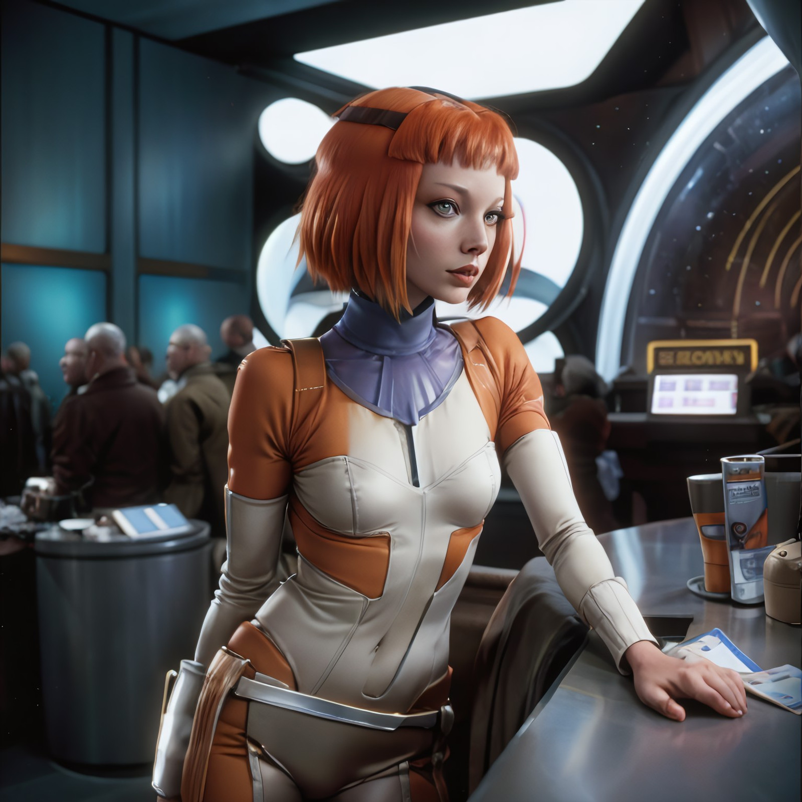 Leeloo Dallas shows the multipass. At the spaceport. At the check-in desk.