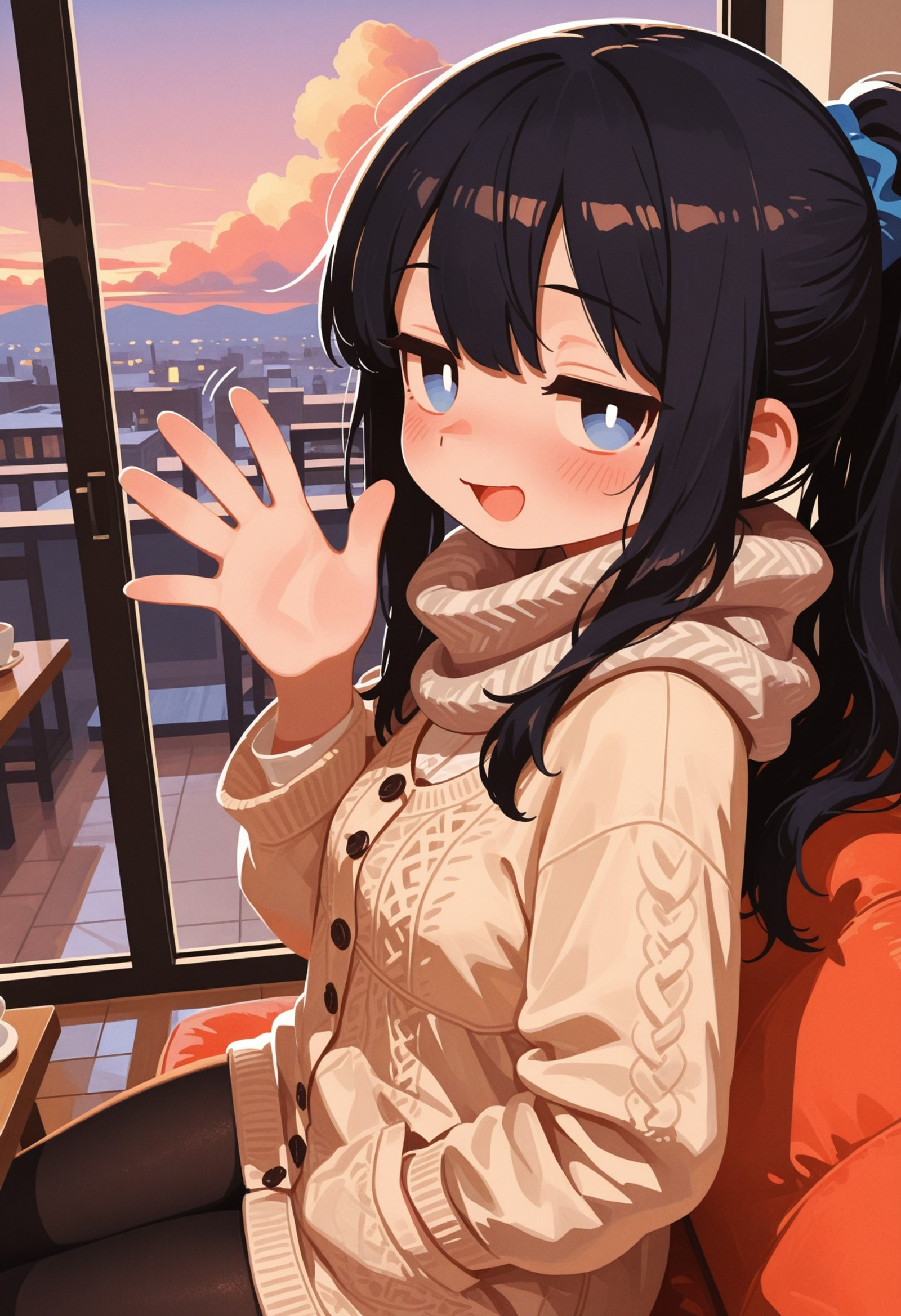 masterpiece, very aesthetic, best quality, 1girl, solo, solo female, foreshortening, close-up, from side, from above, waostyle99, amazing angle, cinematic, limited palette, warm colored, looking at viewer, curvy, indoors, casual cafe, serene, pleasant, beautiful eyes, bright pupils, dusk, clouds, relaxed, relaxing, flustered, hand in pocket, hand up, waving, happy, light smile, open mouth, ((blush)), black hair, royal blue eyes, ponytail, long hair, light teasing, jitome, casual blouse, cute jacket, cute scarf, cute, pantyhose