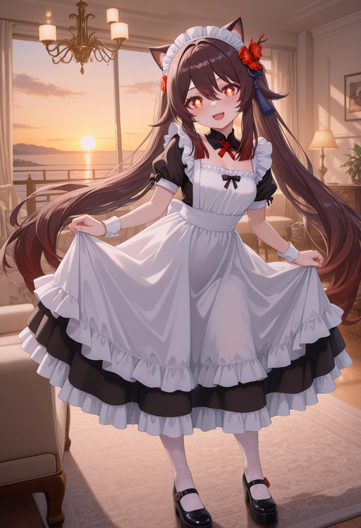 (masterpiece, best quality, amazing quality, very awa, newest, very aesthetic, ultra-detailed, absurdres, 8k), 1girl, hu tao \(genshin impact\), brown hair, large hair, cat ears, maid outfit, frills, maid headdress, short sleeves, puffy sleeves, lace stockings, platform mary janes, red eyes, glowing eyes, (teasing expression, smiling, open mouth, looking at viewer, head tilt) BREAK dynamic pose, dynamic view, dutch angle, indoors, sunset, living room, chandelier, gothic vibes, detailed shadows, detailed background, soft lighting, volumetric lighting, soft shading, glowing particles BREAK standing, curtsey, small breasts, BREAK ultra-detailed eyes, high gradient eyes, eye reflection, detailed clothes, soft skin texture, pale skin, soft pink skin, (body blush), (masterpiece:1.4, best quality:1.4, amazing quality, very awa, newest, very aesthetic:1.4, ultra-detailed, absurdres, 8k), catgirlstyle, <lora:Catgirlstyle:0.9>