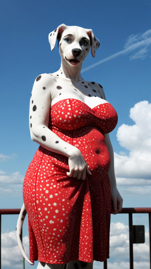 solo, female, sky, clouds,   anthro dalmatian, (red strapless Dress,:1.2)  covered saggy breasts,  old, chubby, large, ( detailed blue eyes,:1.1)   looking pleased,  (tail,:1.1)