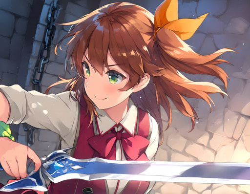 <lora:illustrious_XL_aina_h13a:0.9>,aina,masterpiece,best quality,good quality,1girl,solo,student,holding_sword,dungeon,from_side,profile,v-shaped eyebrows,smile,