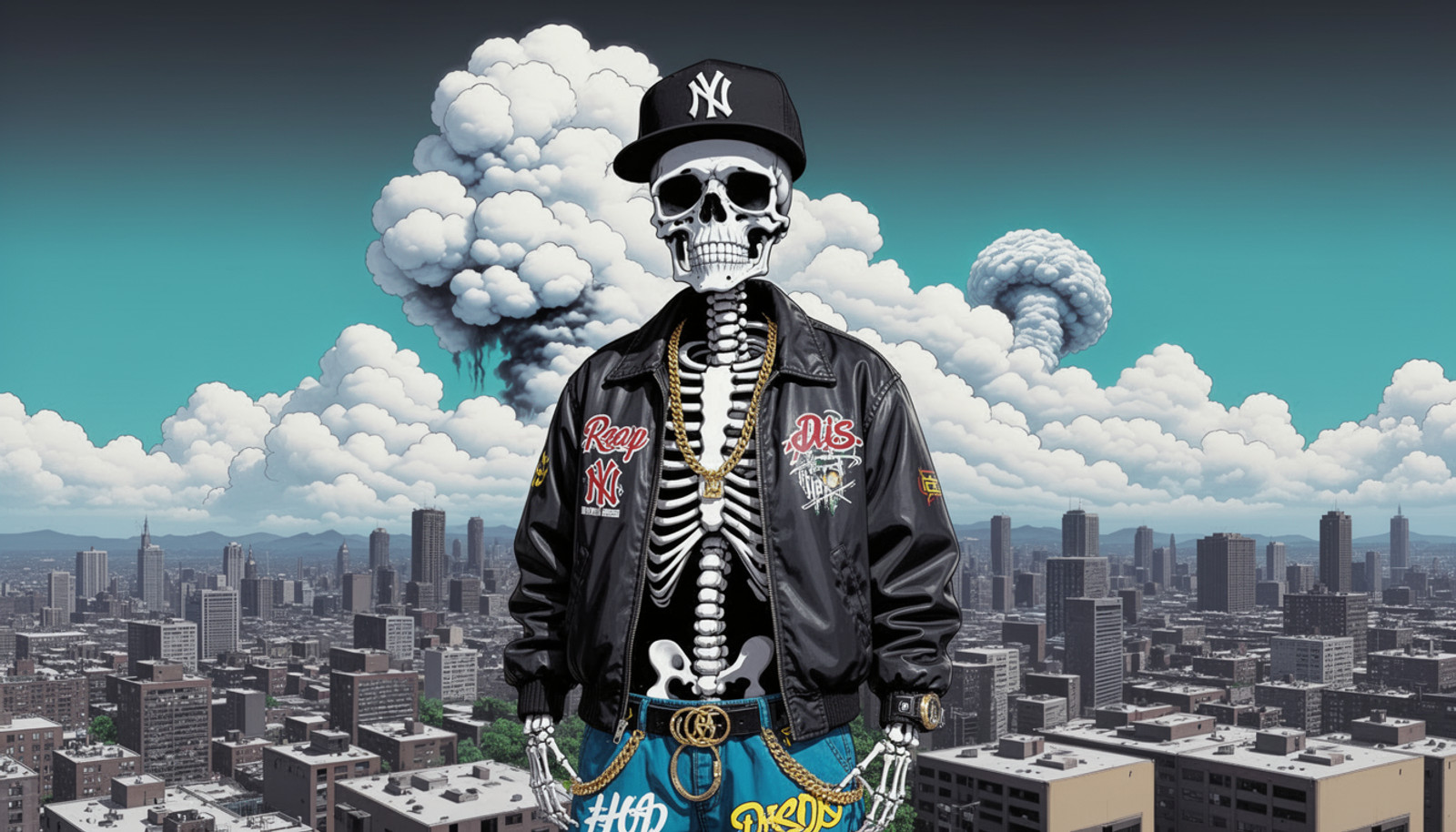 a skeleton with hip-hop clothes on and a jacket, 