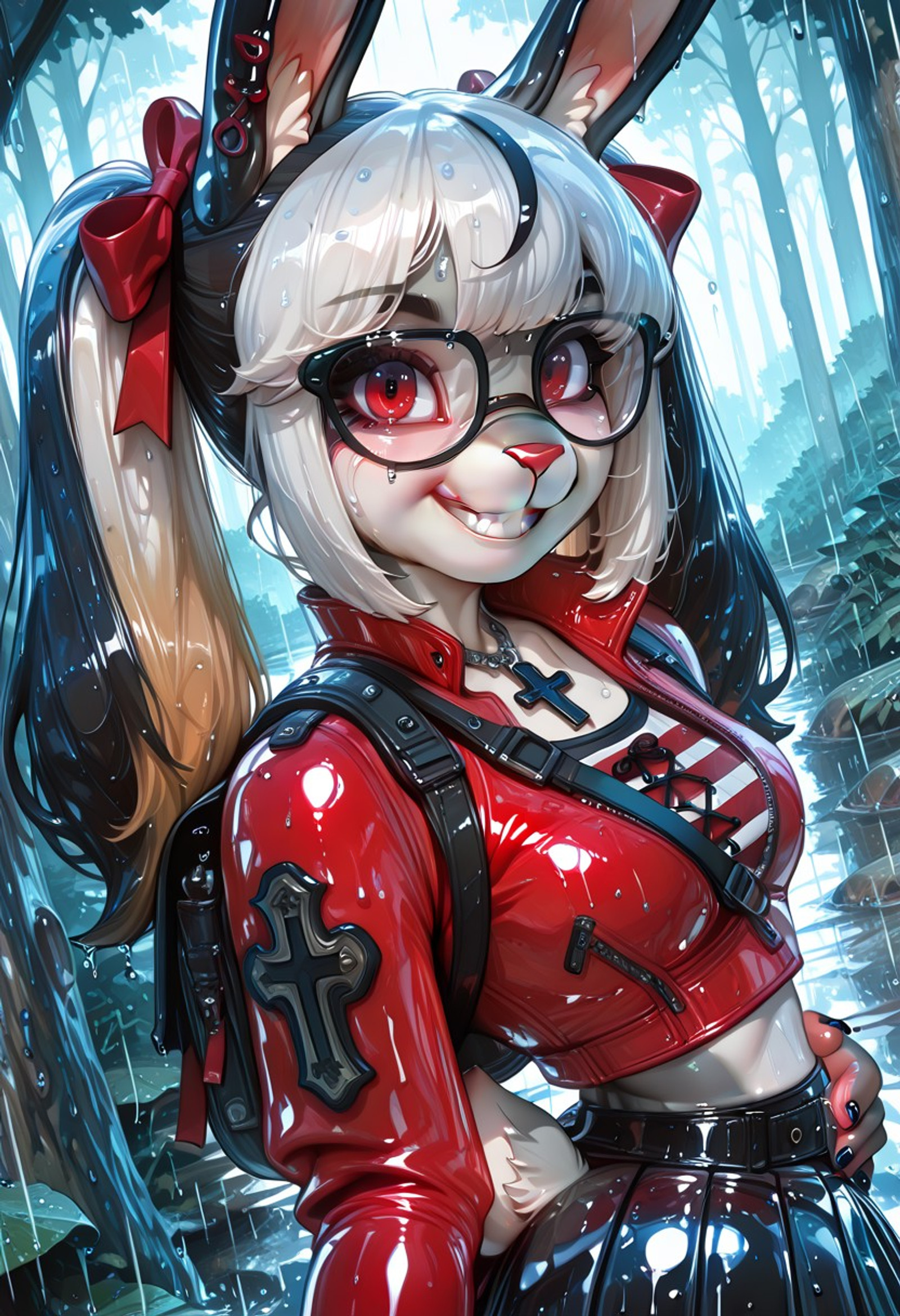 Masterpiece: 1), (best quality: 1), ((perfect face: 1.5)), ((perfect body: 1)), furry, (accurate rendering) (full frame), detailed hand, full body, (Maddie, 1 girl, furry woman, bunny girl, bunny ears, glasses, bunny tail, animal nose, long hair, blonde hair, two pigtails, hair bow, glasses, body fur, two-tone fur, gray fur, red eyes, white fur, no freckles, 5 fingers, Extremely detailed CG wallpaper for Unity 16k, High detail, Best quality, Amazing quality, Absurd, Very aesthetic, Newest, HDR, Highly detailed RAW graphics, Intricate details, Hyper aesthetic, Incredibly absurd, High resolution, Hyper detail: 1.15. (Shiny glossy see-through clothing, shiny oily latex fabric, (Shiny glossy see-through clothing, shiny oily latex fabric: 1.1), Leather, Bodycon, Elegant, Embellished with rhinestones (necklace: 1.2), Silver chain with black cross (Black and red striped top: 1.4), Red latex jacket, Cropped hem, Exposed midriff (Black pleated miniskirt, Buckles and belts, Gothic style, Crossbody bag, Shoulder strap, Long nails, Red nails, Nail art, Rain, Forest, Multi-colored hair, Black hair, Black nails, Nail polish, Clothing details, Two pigtails, Multi-colored hair, Bangs, Hair ornament, Looking at viewer, Black hair, Pale red eyes, Two-colored hair, White hair, Chains, White hair, Stockings, Upper body, dynamic angle, smiling, hands on waist,