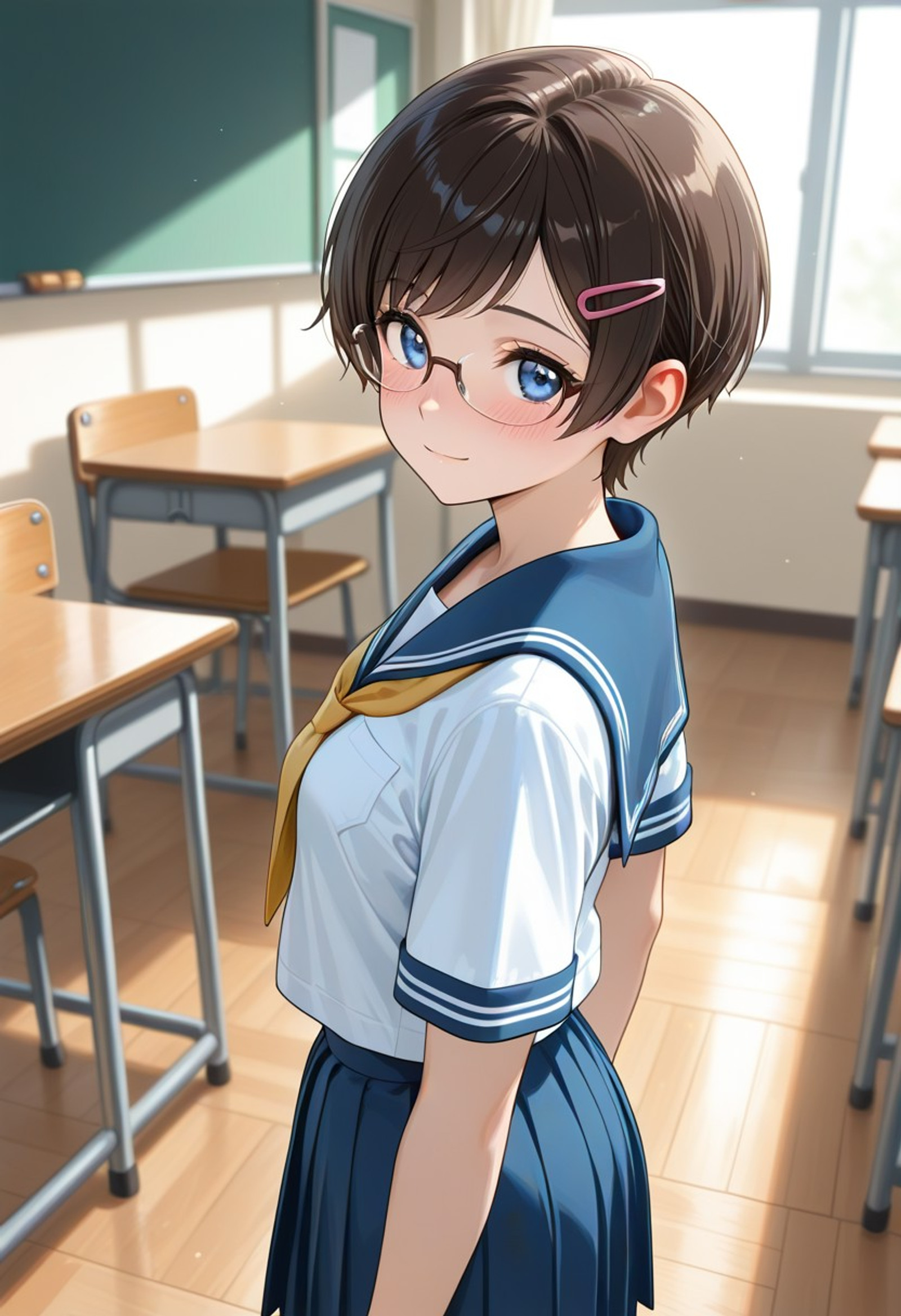 ((high quality:1.5), ((high resolution)), ((incredibly detailed)), newest, 8K, 16K, visualnovel illustration quality, masterpiece, natural lighting, perfect anatomy, detailed background, dynamic angle, indoors, classroom, chair, from behind,   1woman, white serafuku, blue sailor coller, short sleeve, yellow tie, blue pleated skirt, standing, perfect face, perfect blue eyes, semi-rimless eyewear, small breasts, detailed brown pixie cut, swept bangs, lustrous skin, flushed skin, hairpin, soft smile, blush,Jeddtl02,