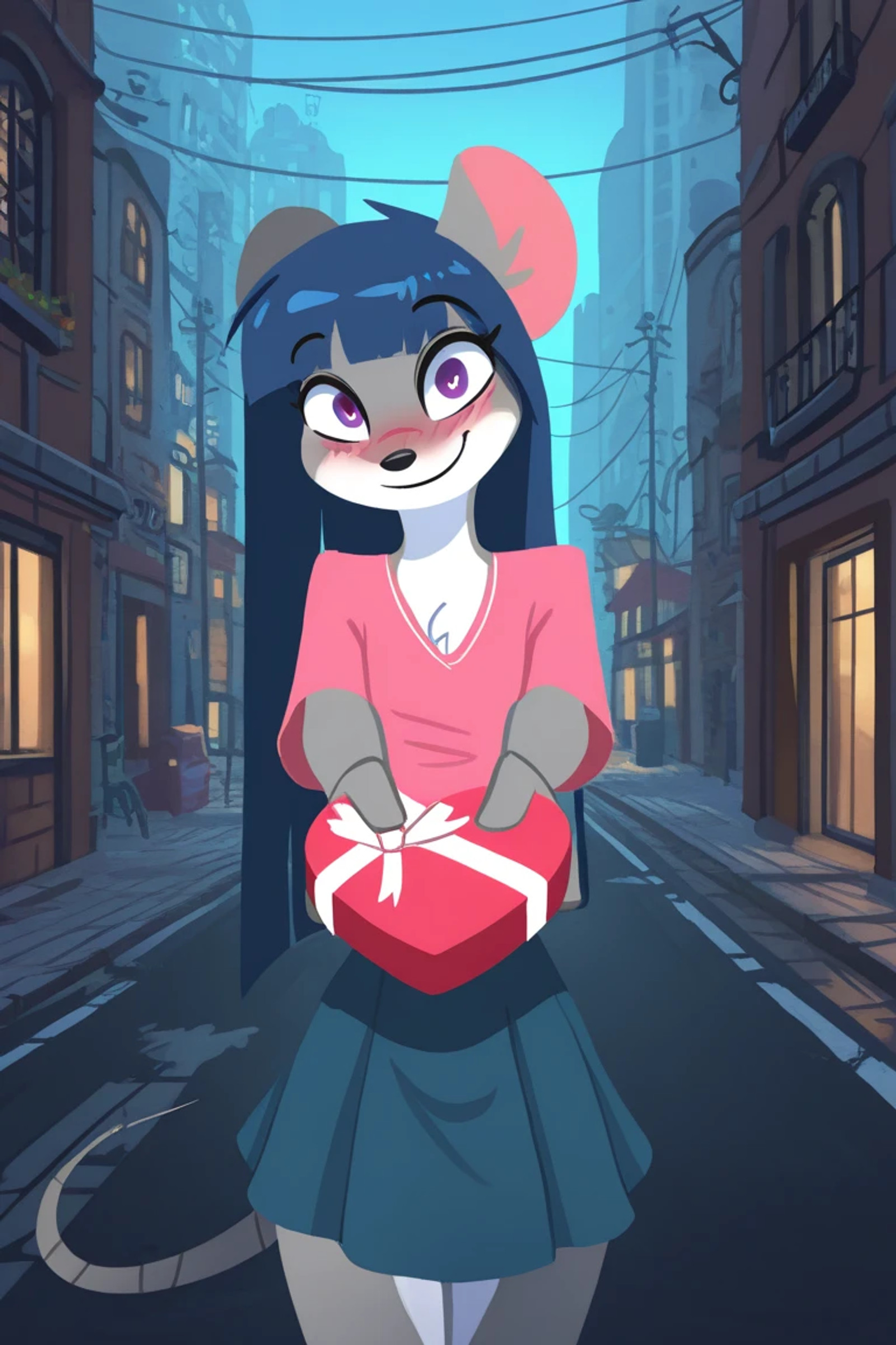 masterpiece, best quality, amazing quality, very aesthetic, high resolution, absurdres, cowboy shot, by h9dr4bb, lineless, no lineart, no outline, flat colors, 1girl, solo, violet_ts, anthro, furry female, mouse ears, mouse tail, purple eyes, blue hair, straight hair, long hair, pink shirt, blue skirt, holding box, box of chocolates, heart-shaped box, incoming gift, head tilt, smile, blush, looking at viewer, outdoors, street, city