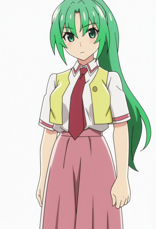 masterpiece, best quality, score_7, amazing quality,, cowboy shot, solo, looking at viewer, transparent background, simple background, white background, <lora:mion-sonozaki-s4-anima-lora-nochekaiser:1>, mion sonozaki, sonozaki mion, long hair, green eyes, ponytail, green hair, mature female, large breasts, anime screencap, skirt, shirt, white shirt, short sleeves, necktie, vest, red necktie, pink skirt, high-waist skirt, long skirt, open vest, yellow vest,, wariza, fitting room, mirror, clothes, privacy, store,