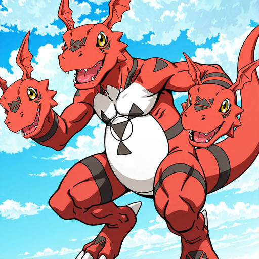 solo, 1boy, guilmon, 1990s style, anime screencap, digimon style, no shading, 2d,