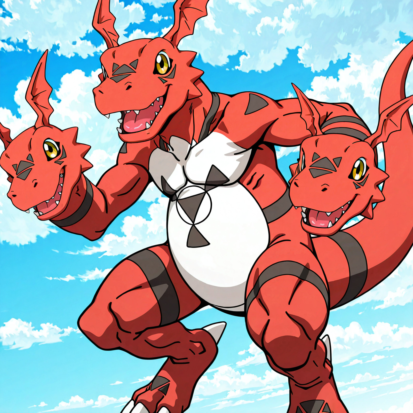 solo, 1boy, guilmon, 1990s style, anime screencap, digimon style, no shading, 2d,