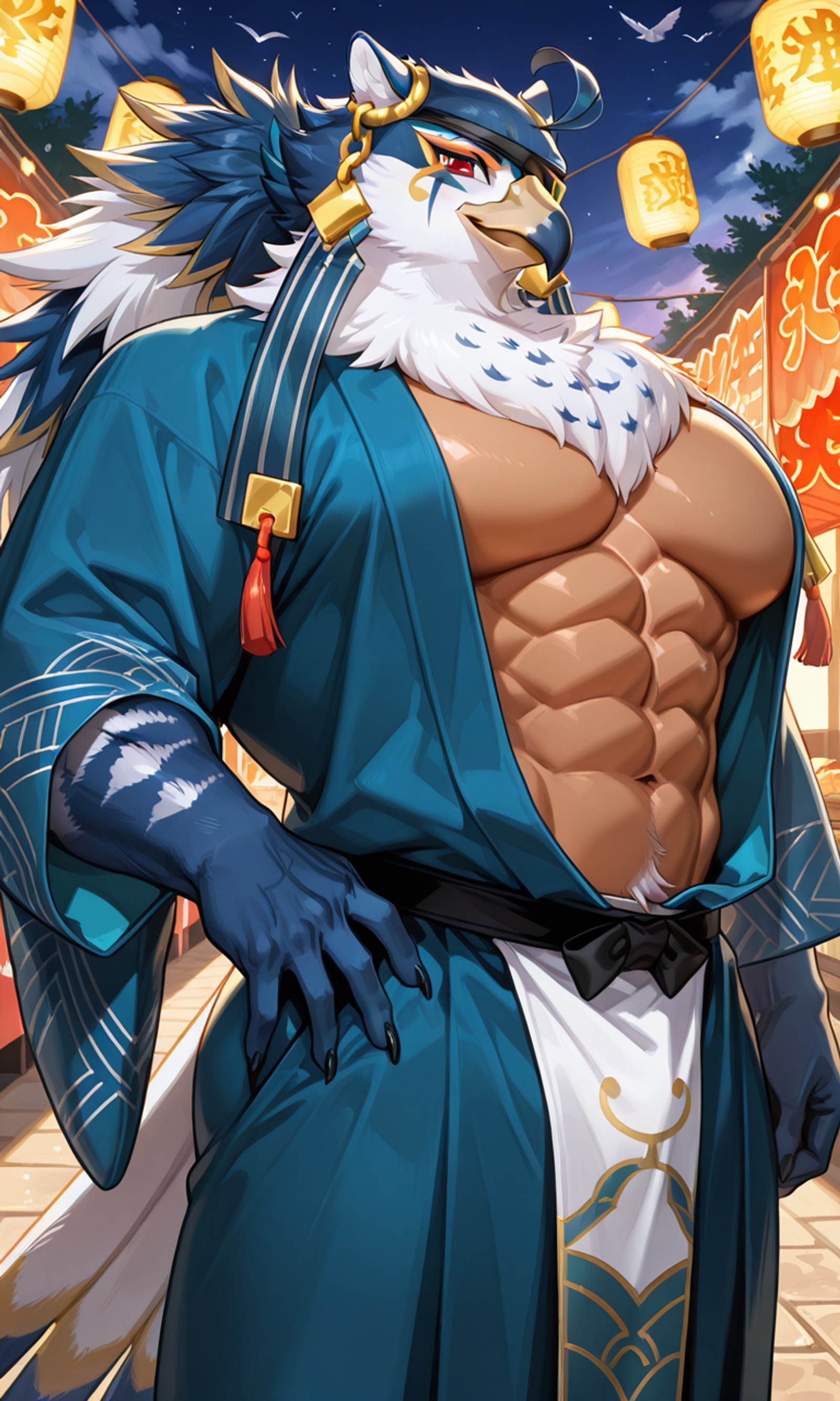 TAS_H0RU5, falcon, bird, beak, feathers, blue feathers, white feathers, large chest tuft, long hair, red eyes, eyeliner, claws, talons, bird tail, tan skin, eyepatch, jewelry, earrings, anthro, muscular, muscular male, bara, masculine, furry male, masterpiece, best quality, absurdres, very aesthetic, 1boy, solo, male, kimono, Japanese kimono, sexy smile, looking at the viewer, muscular male, big pecs, abs, wide hips, thick thighs, Japanese festival background, detailed background, side angle,