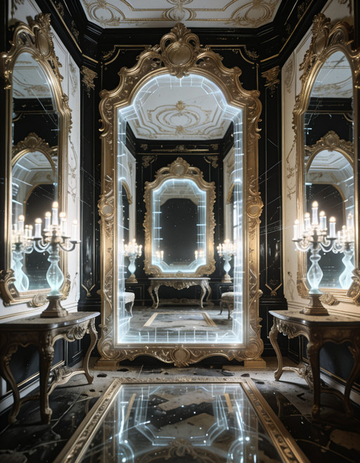 ultra-detailed rococo sanctuary, post-human future,human remnants, oversized gilded frames encasing holographic voids, 
fractal moldings in black gold and translucent ivory, 
mirrors reflecting adjacent dimensions, 
bioluminescent candelabras, warped proportions, uncanny symmetry, 
dust of centuries on baroque furniture, floating data streams 
woven into ornamental plasterwork, eerie reverence atmosphere, 
cinematic lighting, depth of field
ultra-detailed rococo s4nctu4ry  <lora:training_1715964-20260301163514302:1>, Masterpiece,best quality,hi res,8k,(sharp focus, intricate, highly detailed),