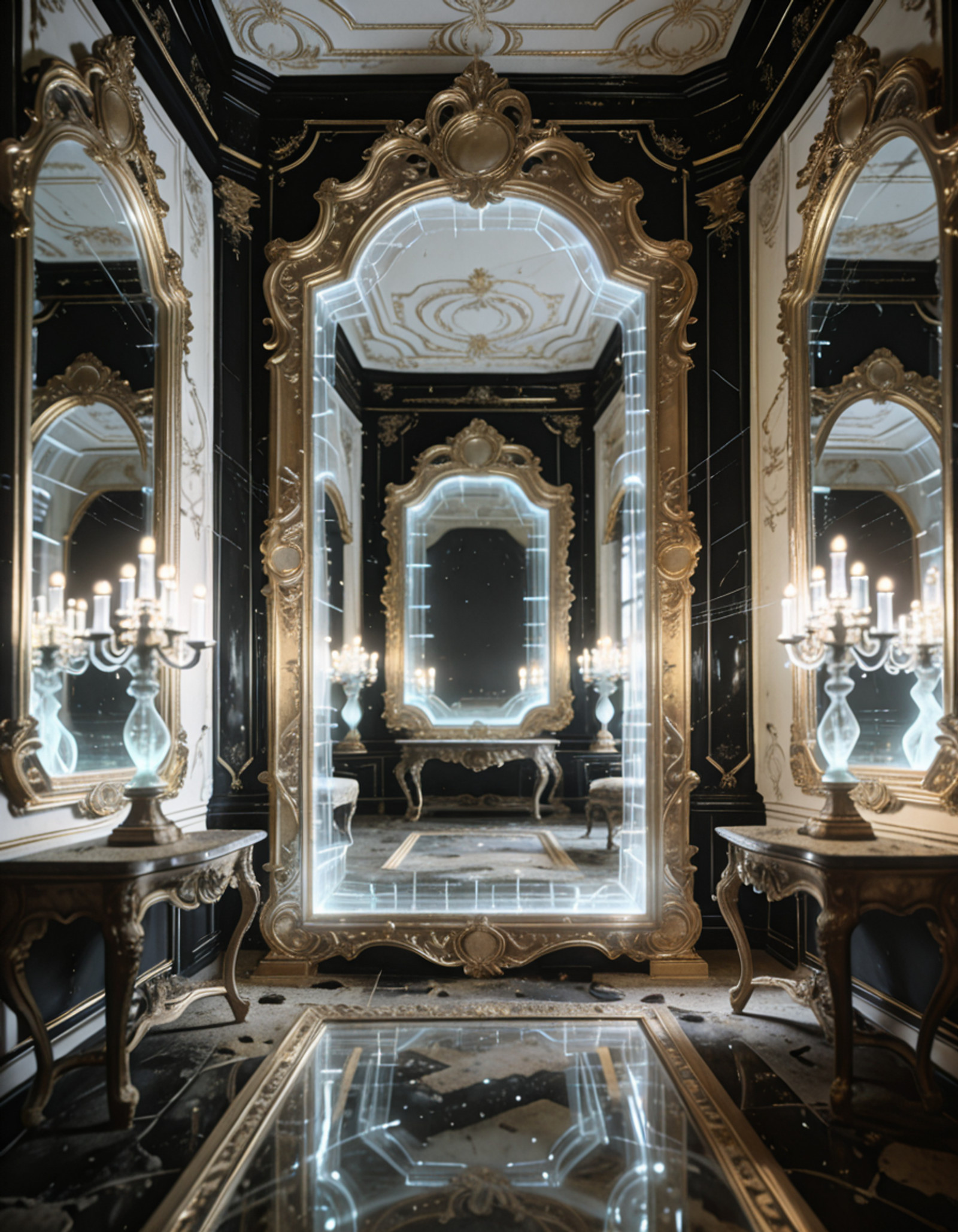 ultra-detailed rococo sanctuary, post-human future,human remnants, oversized gilded frames encasing holographic voids, 
fractal moldings in black gold and translucent ivory, 
mirrors reflecting adjacent dimensions, 
bioluminescent candelabras, warped proportions, uncanny symmetry, 
dust of centuries on baroque furniture, floating data streams 
woven into ornamental plasterwork, eerie reverence atmosphere, 
cinematic lighting, depth of field
ultra-detailed rococo s4nctu4ry  <lora:training_1715964-20260301163514302:1>, Masterpiece,best quality,hi res,8k,(sharp focus, intricate, highly detailed),
