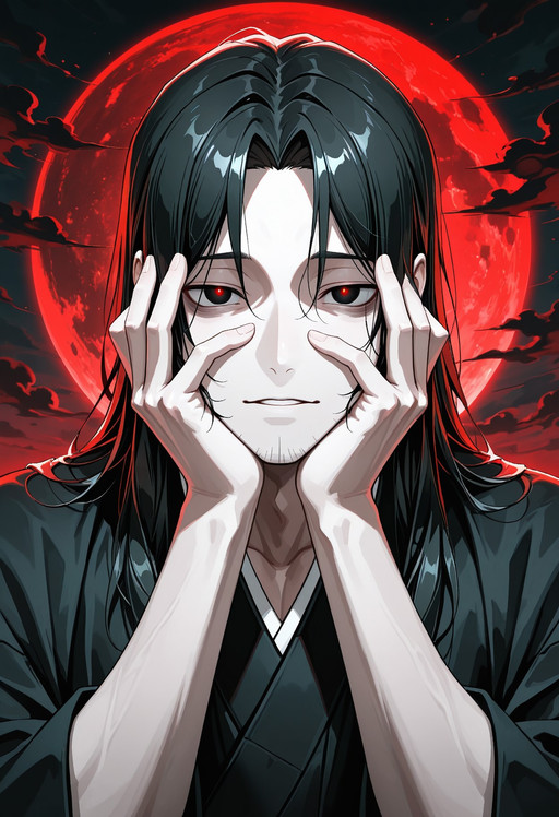 masterpiece,best quality,amazing quality,absurdres, BREAK
Upper body, eyes focus,
Mamoru_2026_tokyo, default_kimono, <lora:yandere-trance-illustriousxl-lora-nochekaiser:0.5>, yandere trance, yandere, hands on own face, parted lips, crazy, glowing eyes
1boy, solo, male focus, long hair, black hair, parted bangs, black eyes, bags under eye,pale skin, stubble, japanese clothes, kimono, black kimono,
BREAK
standing in front of viewer, dark sky, pitch black clouds, blood moon, cinematic shadow, eerie lighting