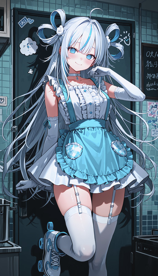 gyoku_seisyoku,guchico,pinakes,(jeze:0.8),(rella:0.8),(freng:0.7),(kukka:0.7),(ame_(uten_cancel):0.6),
aokumo rin, 1girl, @ @, apron, blue apron, blue eyes, blue hair, center frills, choker, closed mouth, cloud hair ornament, elbow gloves, frills, garter straps, gloves, hair ornament, hair rings, hand up, long hair, looking at viewer, multicolored hair, roller skates, single hair ring, skates, smile, solo, standing, standing on one leg, streaked hair, thighhighs, very long hair, virtual youtuber, white choker, white garter straps, white gloves, white hair, white thighhighs,
masterpiece, best quality, highres, absurdres, very awa, highly detailed, newest, anatomically correct