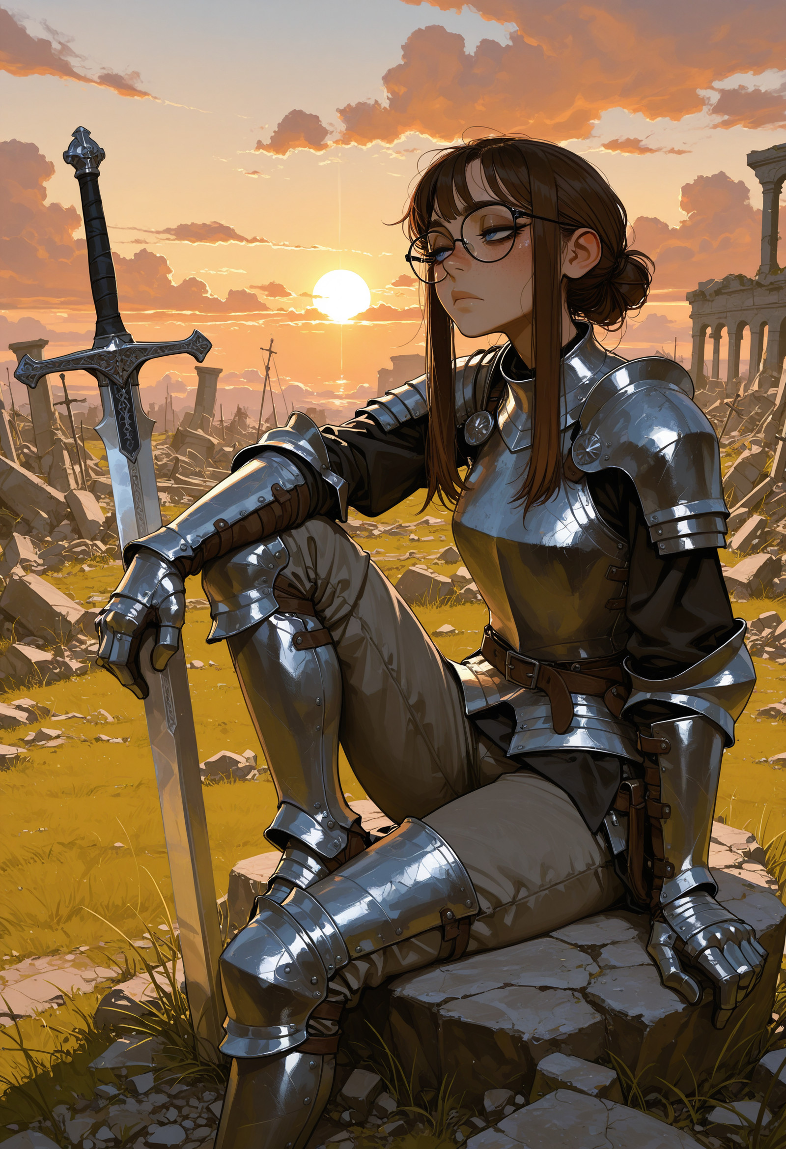 Masterpiece, Best quality, Ultra-detailed, Absurdres, detailed face, detailed eyes, high resolution, ultra-detailed, scenery, 
1girl,solo ,blue eyes, brown hair, glasses, body freckles, small breasts,  long sidelocks, sidelocks, large eyelashes, krekkov style,  lazypos , 
BREAK close-up, from above,  armor, long sleeves ,gauntlets, plate armor, medieval, leather pants, grey pants, knight, slim , planted sword, sword, outside, battle, calm, serious, half closed eyed, rubble, clouds, sitting, sitting on a rock, tired, bored, looking to the side, no helmet, leg armor , knee up BREAK outdoor, grass, ruins, sky , clouds, shadow, warm lighting, vibrant colors, sunset, 
<lora:takayanagi_katsuya:0.2> , <lora:ppw_v8_Illuv2stable_128:0.4> , art by incase <lora:incase_new_style_red_ill:0.2> , <lora:r17329_illu:0.4> r17329_illu