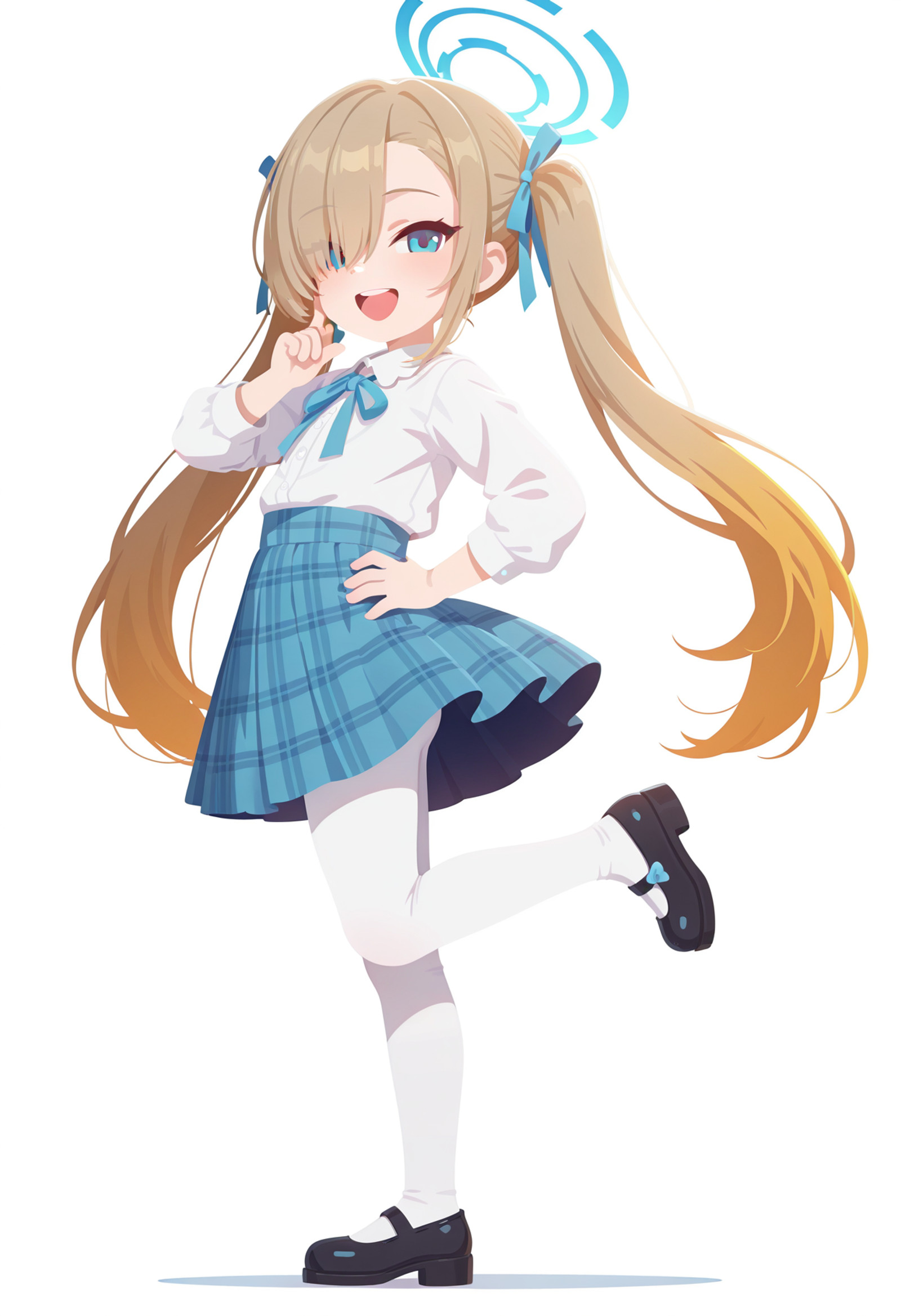 (no lineart:1.5),masterpiece, best quality, newest, absurdres, highres,
1girl, aged down, asuna (blue archive), :D, upper teeth only, blue eyes, halo, blonde hair, hair over one eye, twintails, white blouse, neck ribbon, blue ribbon, blue skirt, plaid skirt, white leggings, Mary Janes, finger to own cheek, hand on own hip, standing one leg, from side, white background, simple background, (depth of field)