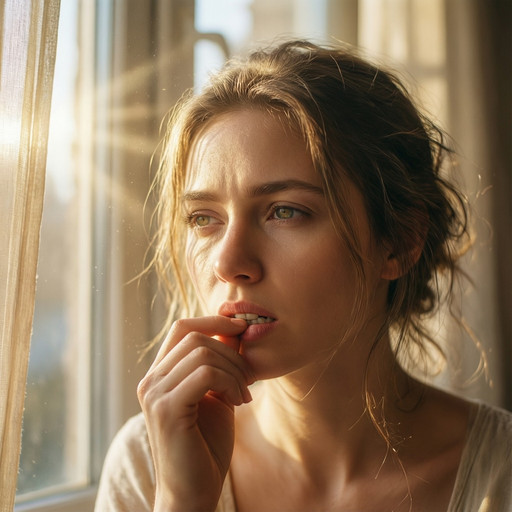 A delicate, sunlit scene of someone by a window, absentmindedly biting their lip while lost in thought. Golden morning light filters through sheer curtains, casting soft shadows across the face. The palette is warm and airy   creamy whites, pale golds, and gentle skin tones. The subject wears minimal makeup, emphasizing natural beauty and authenticity. Hair is loosely tied or falling naturally, catching the sunlight. The expression is introspective, almost melancholic, with eyes gazing outward beyond the frame. The lip bite is subtle, more unconscious than intentional. Fine dust particles float in the light beams, enhancing the dreamy atmosphere. The composition feels intimate and quiet, like a candid moment frozen in time.