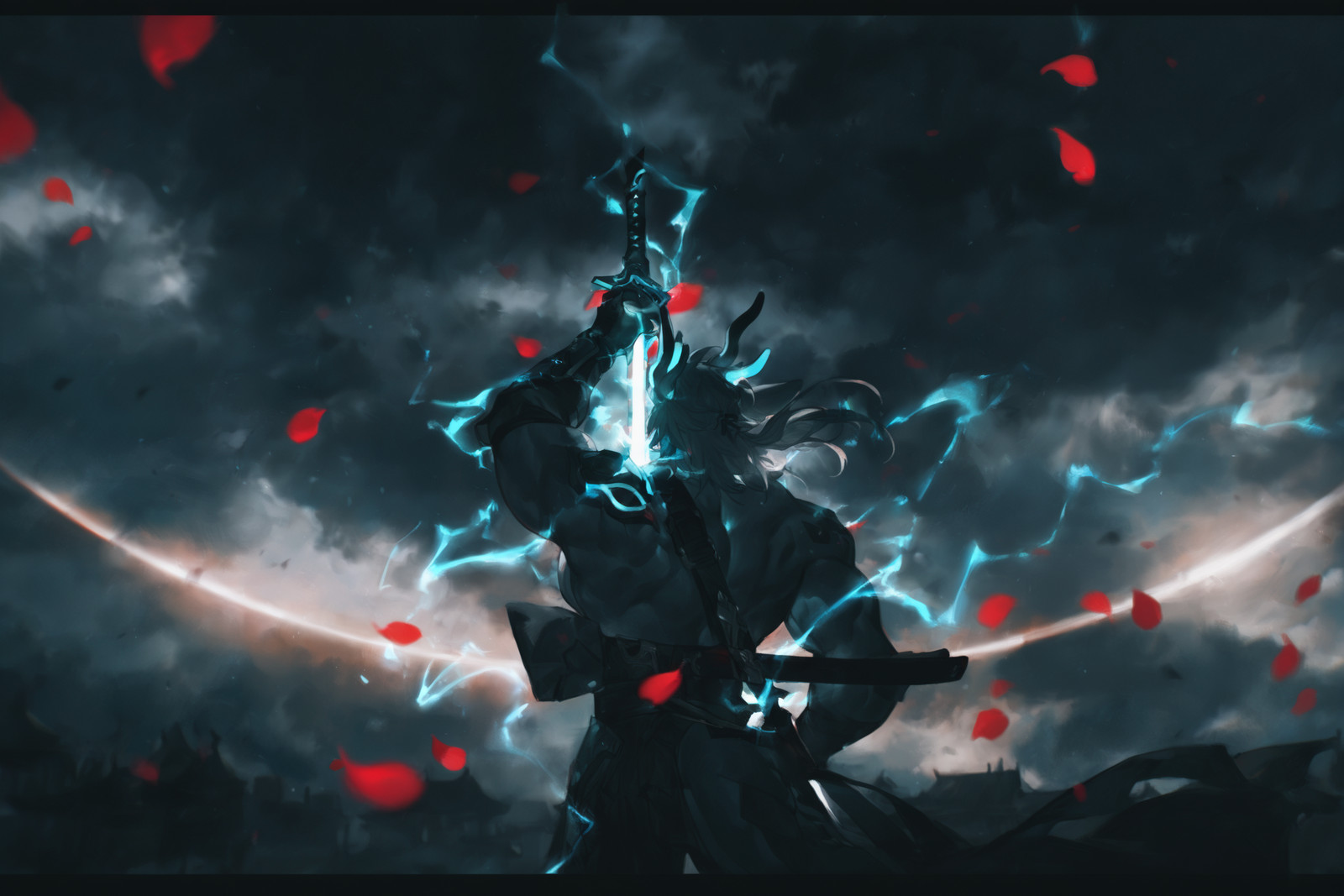 masterpiece,very aesthetic,best quality,very awa,amazing quality,absurdres,newest,high detail,cinematic lighting,volumetric lighting,dramatic shadows,dragon boy,(furry male:1.1),(big pecs:1.1),(bara:1.1),muscular,strongman waist,white fur,medium hair,blue eyes,thick eyebrows,perfect anatomy,
konya_karasue,
anthro,furry,kemono,
adult,battlemage,combat,dynamic,elemental,
honkai \(series\),black hole,cloud,electricity,facing away,holding umbrella,falling petals,holding,holding sword,holding sword behind back,holding weapon,holding weapon behind back,letterboxed,limited palette,official alternate color,oil-paper umbrella,partially colored,petals,red petals,solo,sword,weapon,wide shot,
dark,beard,