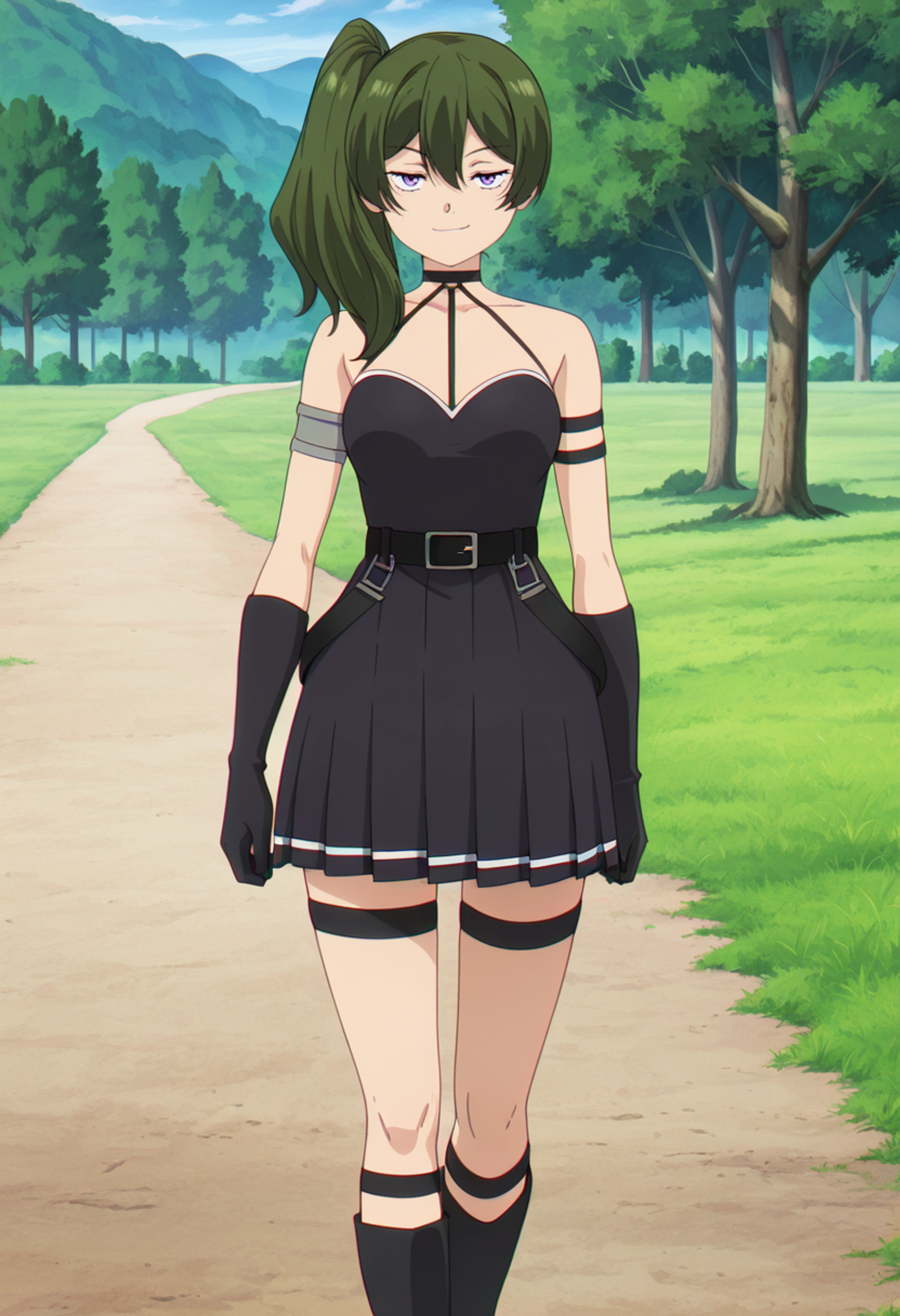 masterpiece, best quality, amazing quality, looking at viewer, official style, source anime, anime style, anime screencap, day, outdoors,  <lora:Ubel_Sousou_no_Frieren:1> ubelsof, solo, 1girl, long hair, side ponytail, green hair, purple eyes, bare shoulders, breasts, black dress, pleated dress, black gloves, choker, belt, thigh strap, boots, black footwear, smirk,