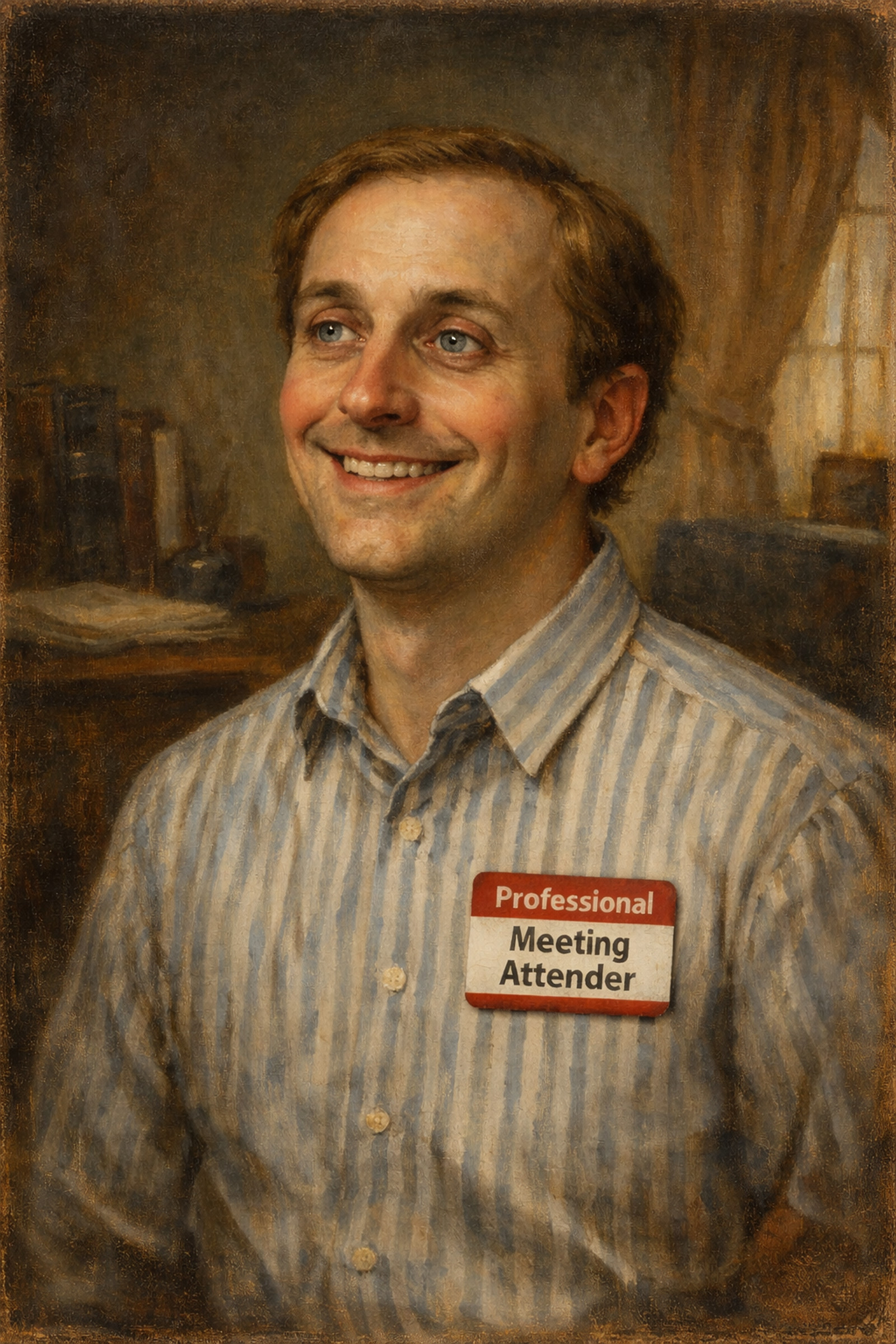Man with dead eyes and a goofy smile button up stripey shirt renaissance oil painting style looking off into the distance, office setting, sticker on his shirt saying "Professional Meeting Attender" --ar2:3