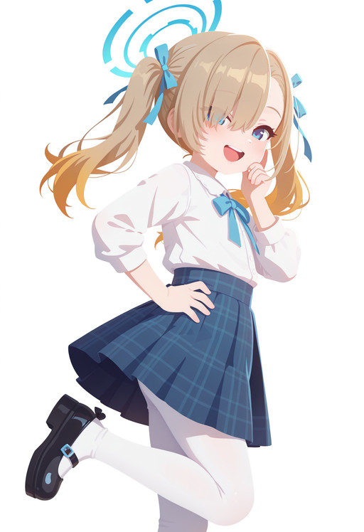 (no lineart:1.5),masterpiece, best quality, newest, absurdres, highres,
1girl, aged down, asuna (blue archive), :D, upper teeth only, blue eyes, halo, blonde hair, hair over one eye, twintails, white blouse, neck ribbon, blue ribbon, blue skirt, plaid skirt, white leggings, Mary Janes, finger to own cheek, hand on own hip, standing one leg, from side, white background, simple background, (depth of field)