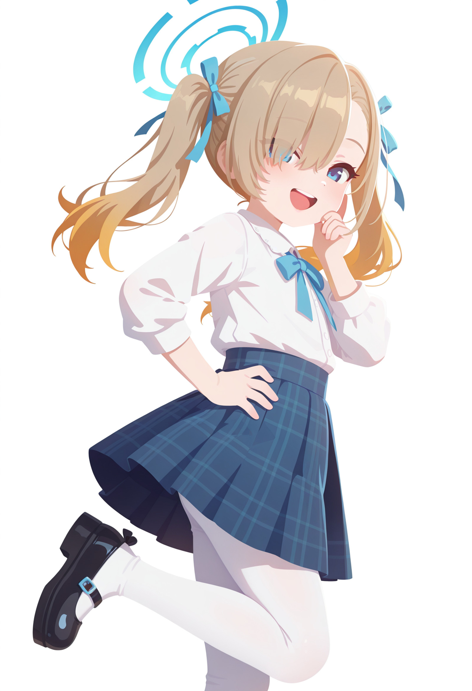 (no lineart:1.5),masterpiece, best quality, newest, absurdres, highres,
1girl, aged down, asuna (blue archive), :D, upper teeth only, blue eyes, halo, blonde hair, hair over one eye, twintails, white blouse, neck ribbon, blue ribbon, blue skirt, plaid skirt, white leggings, Mary Janes, finger to own cheek, hand on own hip, standing one leg, from side, white background, simple background, (depth of field)
