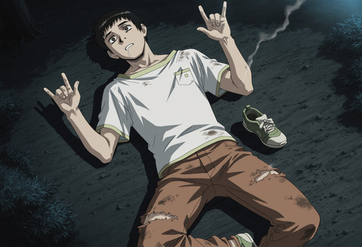 Smooth_Quality, depth of field, izyi dgmid 3,anime screencap, Ken-Chan,1boy,solo,black hair, short hair, brown eyes, white shirt, pants, shoes,

@_@, unconscious, parted lips, drool, smoke, smoke trail, head tilt, dirty, dirty clothes, torn clothes, lying on back, w arms, on ground, ((double \\m\/)), spread legs

outdoors, night, forest, park, dim_lighting, from above, medium shot, slight angle, cold lighting, cinematic lighting, dynamic angle, hand, perfect_hands, correct_anatomy, EyesHD, high definition eyes, detailed eyes