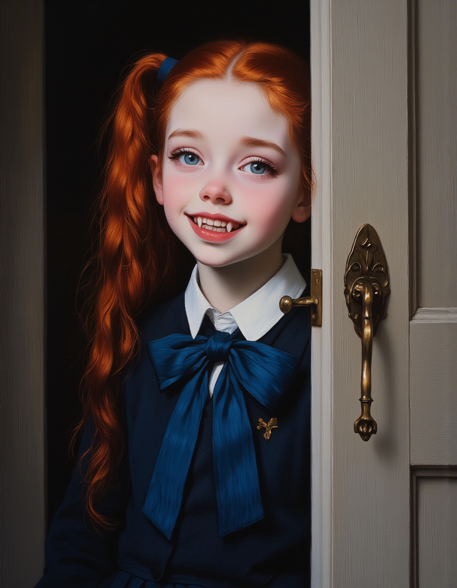 masterpiece, high quality, Oil Painting, Hyper-realistic, close up portrait of a modern teen British schoolgirl vampire stands just outside a traditional English front door, partially ajar, casting a soft shadow on the threshold. The subject's face is a pale, almost translucent white, with lips painted a vivid red. The lips are slightly parted, revealing sharp, gleaming white vampire fangs. Her long red hair is in a long ponytail with a large blue bow tied at the base of the ponytail. Enchanted blue eyes. She wears a pristine school uniformâwhite blouse with a neatly tied striped tie, a navy-blue blazer adorned with the school's emblem on the chest pocket, and a pleated skirt that falls just above her knees. Her expression is curious, her head tilted slightly upward, as she peers through the narrow gap of the half-closed door. Soft pale light filters through, illuminating her face and creating gentle contrasts in the scene. Her body is skinny and petite. brush strokes, warm light, magic, extremely coherent, cute, beautiful, cinematic, stunning, creative, positive, cheerful, unique, cool, inspiring, pure, rational, very inspirational, friendly, thought, glowing, magical, perfect, intricate, wonderful, lovely, novuschroma, del1cate_balance style, in the style of Rembrandt. FS, vantablack <lora:style_of_Rembrandt_FLUX_135:.8> <lora:- Flux1 - vanta_black_V2.0:.8> <lora:Delicate_Balance:.3> <lora:neeeg_f1:-1> <lora:113_novuschromaFLX_1:.2> <lora:FluxF4ngs:1>