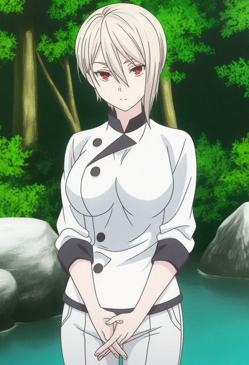 masterpiece, best quality, score_7, amazing quality,, cowboy shot, solo, looking at viewer, transparent background, simple background, white background, <lora:alice-nakiri-s1-anima-lora-nochekaiser:1>, alice nakiri, nakiri alice, short hair, red eyes, white hair, hair between eyes, mature female, large breasts, anime screencap, pants, white pants, chef, long sleeves, sleeves rolled up,, interlocked fingers, stream, water, rocks, flow, forest,