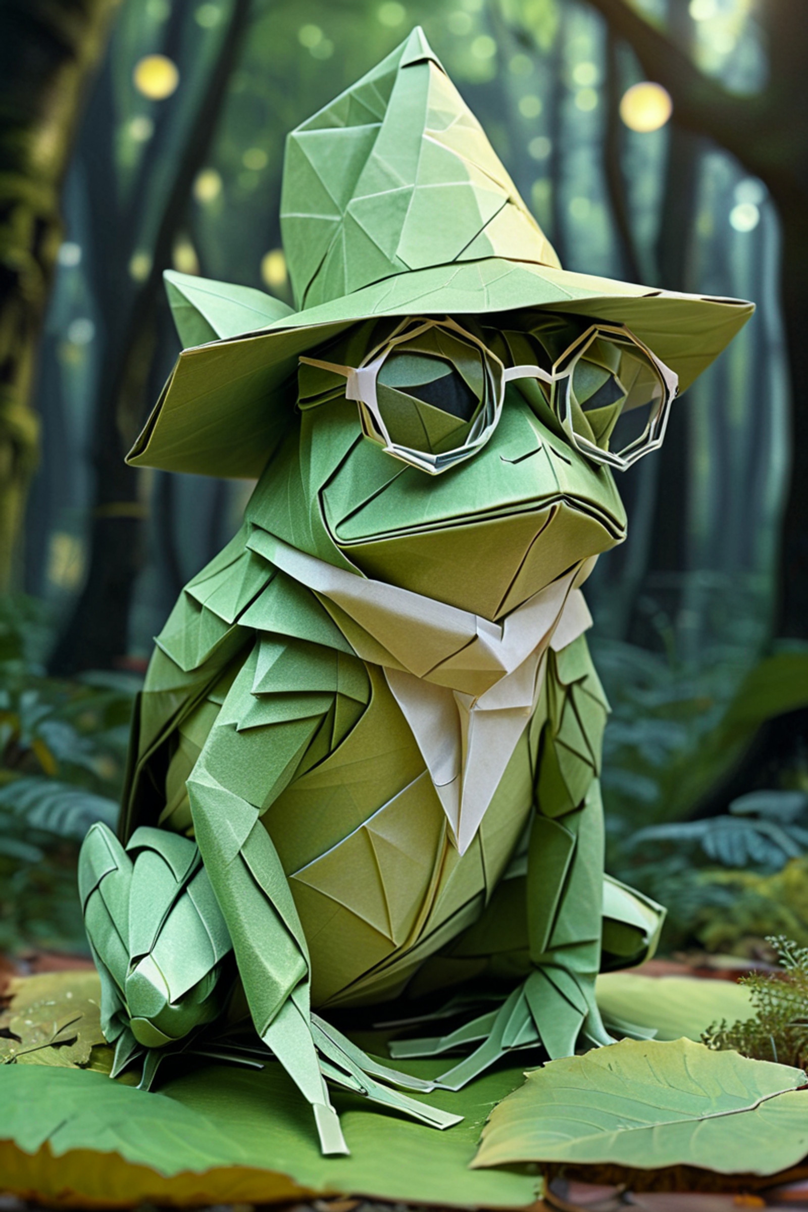 a cute frog wearing glasses with big a stylish hat in a magical forest. highly detailed fantasy background. . luminous paper geometries, Crisp creases, impossible facets, surreal paper precision, sharp edges, origami, made of paper, <lora:Unfazed_origami_style_-_XL_SDXL_v2.0:1.0>