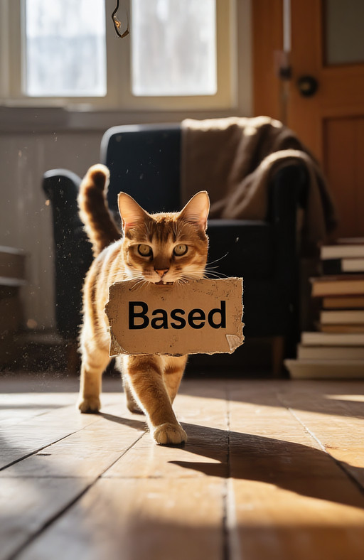 A low-angle shot captures a sleek, tawny tabby cat mid-stride across a sun-dappled wooden floor, its body angled slightly left as it carries a small, weathered cardboard sign in its mouth â the word âBasedâ printed in bold black letters, slightly smudged at the edges from handling. The light streams through a high window behind, casting long diagonal shadows that stretch toward the viewer and frame the catâs silhouette against a blurred background of stacked books and a half-open door. Dust motes dance in the beams, catching highlights as they drift past the catâs fur, which glows with warm amber tones under the directional glow. Its tail curls low behind, barely visible but taut with motion, while its ears are pricked forward, focused on something unseen just beyond the frame. The sign tilts slightly downward, held loosely between its teeth, as if itâs been carried for some time â a quiet burden in this still moment of cinematic pause. Behind it, a dark armchair sits empty, draped with a rumpled wool blanket, and a single bare bulb hangs overhead, casting soft vignette shadows that deepen the mood. The shallow depth-of-field renders the background hazy, blurring the edges of furniture while keeping the catâs eyes â sharp, intelligent, slightly narrowed â in crisp focus, drawing you into its determined gaze as it moves toward the viewer with quiet purpose.