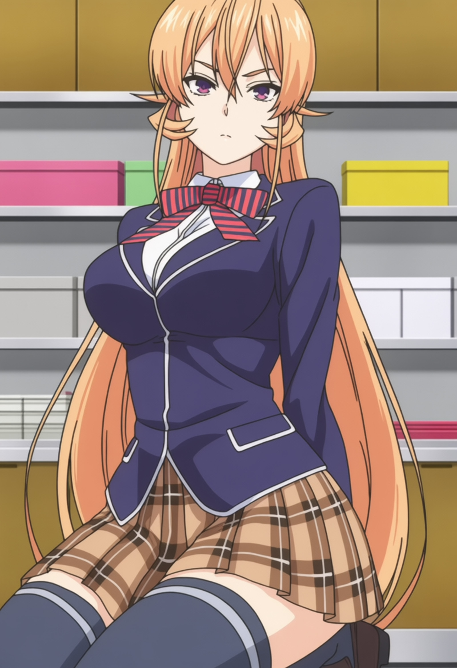 masterpiece, best quality, score_7, amazing quality,, cowboy shot, solo, looking at viewer, , <lora:erina-nakiri-s1-anima-lora-nochekaiser:1>, erina nakiri, nakiri erina, long hair, orange hair, purple eyes, hair between eyes, mature female, breasts, anime screencap, skirt, thighhighs, bow, school uniform, jacket, pleated skirt, shoes, black thighhighs, zettai ryouiki, plaid, plaid skirt, blazer,, kneeling, shop, items, counter, shelves,