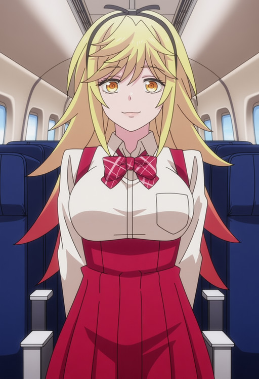 masterpiece, best quality, score_7, amazing quality,, cowboy shot, solo, looking at viewer, , <lora:karen-kamiya-s1-anima-lora-nochekaiser:1>, karen kamiya, kamiya karen, long hair, bangs, blonde hair, hair ribbon, yellow eyes, red hair, multicolored hair, hairband, gradient hair, black hairband, mature female, large breasts, anime screencap, skirt, bow, red skirt, pinafore dress, plaid, pleated skirt, plaid bowtie, red bowtie, long sleeves, collared shirt, breast pocket,, shoulder-to-shoulder, airplane interior, seats, aisle, windows, overhead bins,