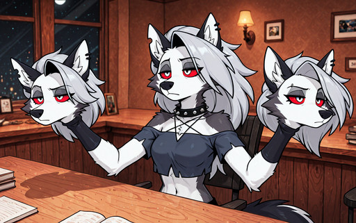 ((solo)), 1girl, loona, sitting, clothed, bored expression, hands up, crop top, spread arms, elbows on table, head hands