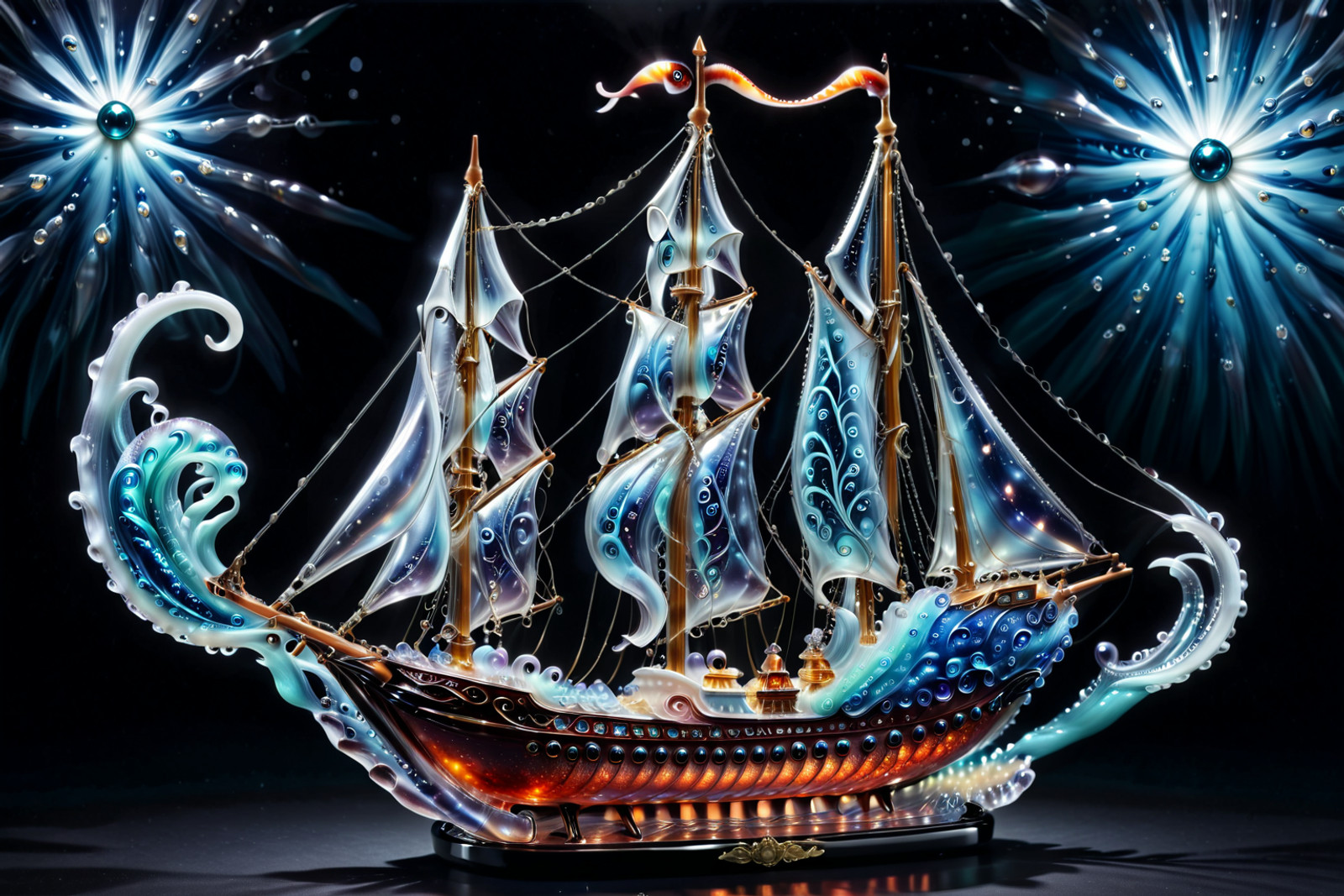 Imagine a humorous, artful Murano glass tableau capturing a grand Venetian sailing ship in a slightly undignified encounter with an overly theatrical octopus.

The ship is a miniature 17th-century galleon, its hull blown in deep ruby glass layered with threads of molten gold leaf that shimmer like sunset over the lagoon. Delicate filigree lines in ivory and cobalt trace the planks, while its billowing sails are formed from translucent milky opaline glass, faintly iridescent as if still catching a sea breeze. The masts are impossibly slender crystal rods, topped with tiny fluttering pennants in emerald and amber.

Emerging from a swirling base of sapphire and aquamarine glass waves, the octopus is less fearsome conqueror and more flamboyant lagoon diva. Its body glows in coral and rose tones flecked with aventurine sparkle, and its tentacles curl upward in exaggerated baroque spirals — more decorative than destructive. One tentacle gently “inspects” the ship’s bow as if critiquing craftsmanship; another lifts a tiny golden anchor with comic curiosity.

The sea itself is sculpted as a dramatic cresting wave, frozen mid-splash, with clear glass foam bubbling at the edges. Light passing through fractures into dancing prisms, making the ship appear to shimmer bravely while the octopus glows mischievously beneath.

The overall effect is playful rather than perilous — a jewel-bright Murano masterpiece where maritime heroism meets lagoon humor, and centuries of Venetian glass artistry wink knowingly at the viewer.