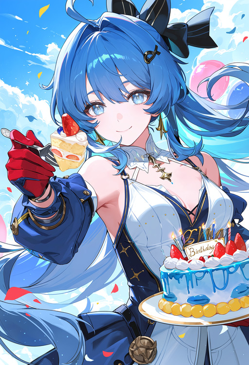 wuthering waves, denia \(wuthering waves\), 1girl, ahoge, bare shoulders, birthday cake, black bow, blue eyes, bow, breasts, cake, closed mouth, detached sleeves, food, fork, gloves, hair bow, hair intakes, hair ornament, holding, holding fork, looking at viewer, medium breasts, red gloves, smile, solo, dynamic pose, dynamic composition, masterpiece, highres, absurdres, newest, best quality, score_7wuthering waves, denia \(wuthering waves\), 1girl, ahoge, bare shoulders, birthday cake, black bow, blue eyes, bow, breasts, cake, closed mouth, detached sleeves, food, fork, gloves, hair bow, hair intakes, hair ornament, holding, holding fork, looking at viewer, medium breasts, red gloves, smile, solo