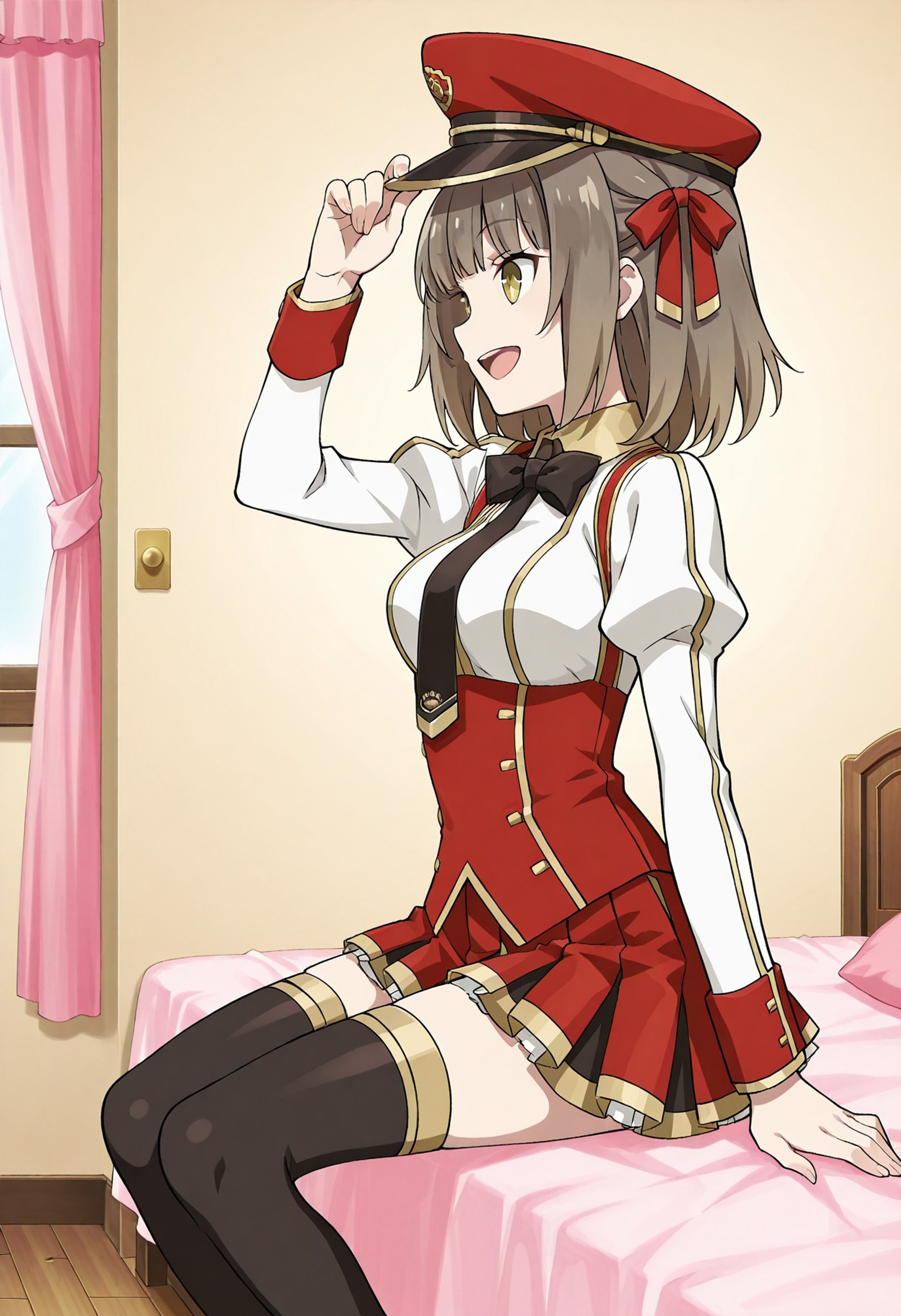 anime screencap, anime coloring, (masterpiece, best quality), mahoutukai riko, 1girl, Hat, ribbon, shirt, Mini skirt, thigh highs, black thigh-highs, smile, open mouth, Sitting, bedroom, side  view,