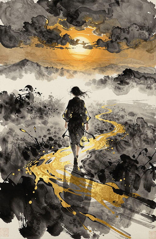 In a vast landscape of shifting mist and dawnâs fragile light, an ethereal figure walks forward along a winding path where reality dissolves into dream, each step rendered in bold ink splashes that cascade like watercolor across the paper. The composition is layered with painterly precisionâdeep shadows blend seamlessly beneath luminous golden highlights, creating a moody yet vibrant atmosphere where color bursts forth from every brushstroke, from the cool grays of twilight to the warm amber glow breaking through on the horizon. A traditional ink painting style dominates, characterized by thick impasto textures and expressive washes that mimic the fluidity of watercolor while preserving the crispness of ink lines. The figureâs form is both intimate and epic, suggesting a fleeting moment suspended between worlds, its presence felt more than seen in the way light fractures across its silhouette. Every detailâfrom the delicate curl of hair to the subtle sheen on skinâis rendered with intricate texture and vivid saturation, elevating this dreamlike scene into an artistic testament of wonder and transience, where beauty is not just observed but experienced through the very act of creation itself.
