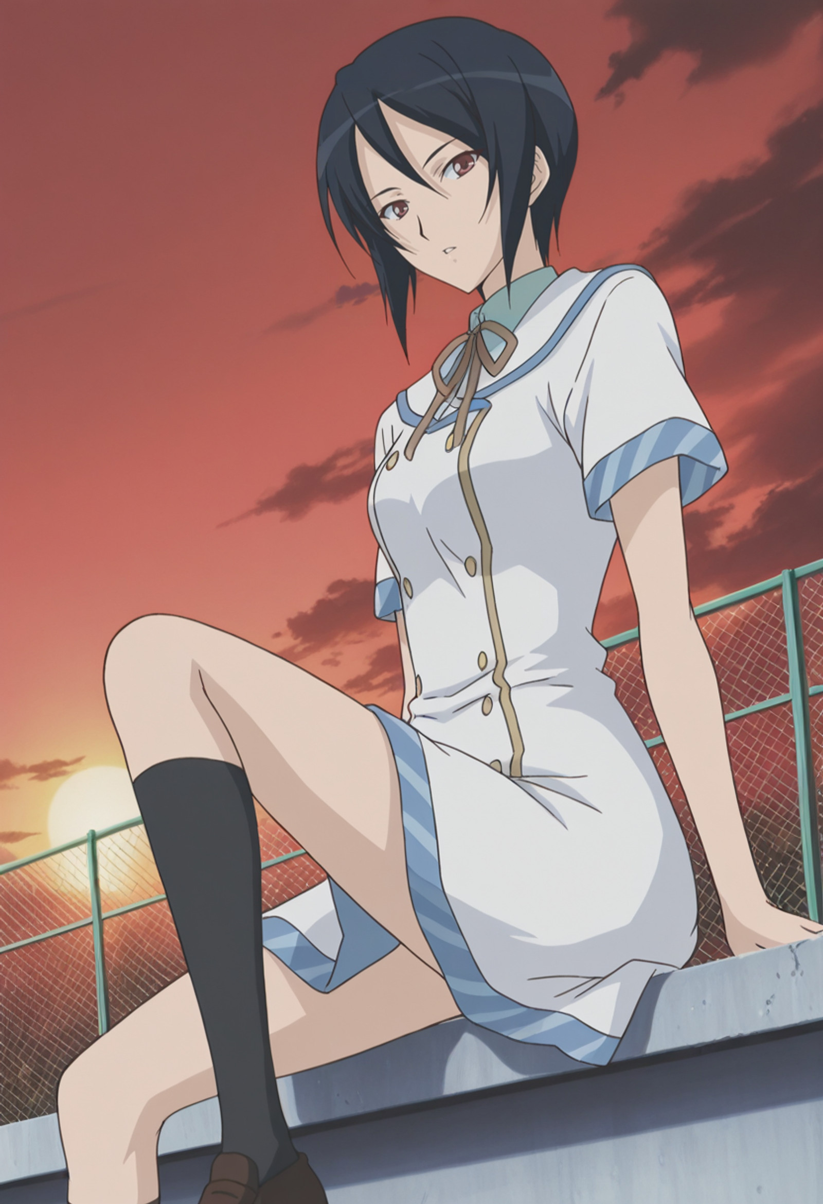 <lora:IL_Kaname_Kenjou_-_Strawberry_Panic:1>, official art, detailed art, ultra detailed art, masterpiece, anime coloring, finetuneanime, anime screencap, 2000s \(style\), kanameken, 1girl, solo, short hair, black hair, hair between eyes, red eyes, medium breast, curvy, large hips, school uniform, white dress, ribbon, buttons, short sleeves, black socks, loafers,
BREAK
sitting on the edge of a rooftop, wide concrete edge, rooftop, one knee up, posing, looking at viewer, head tilt, expressionless, parted lips, side view, from side, dutch angle, 
outdoors, rooftop, day, sunset, red sky, clouds, sun, aesthetic, very aesthetic,